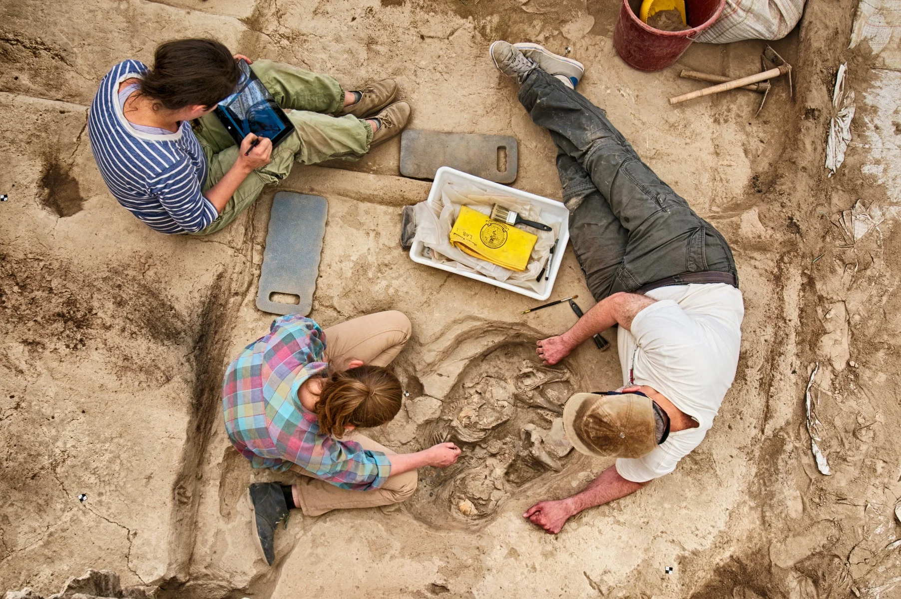 Chris helps Kasia with a skeleton removal in a Building 80 burial (South Area) as Justine logs details.