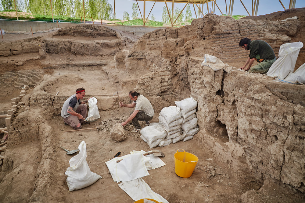  Jerrod, Thaer, and Ahmed clean the South excavation area at the beginning of the 2017 season. 