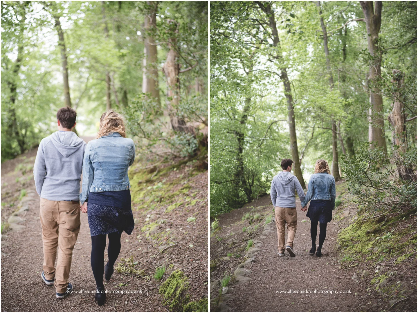 bride and groom walking between trees