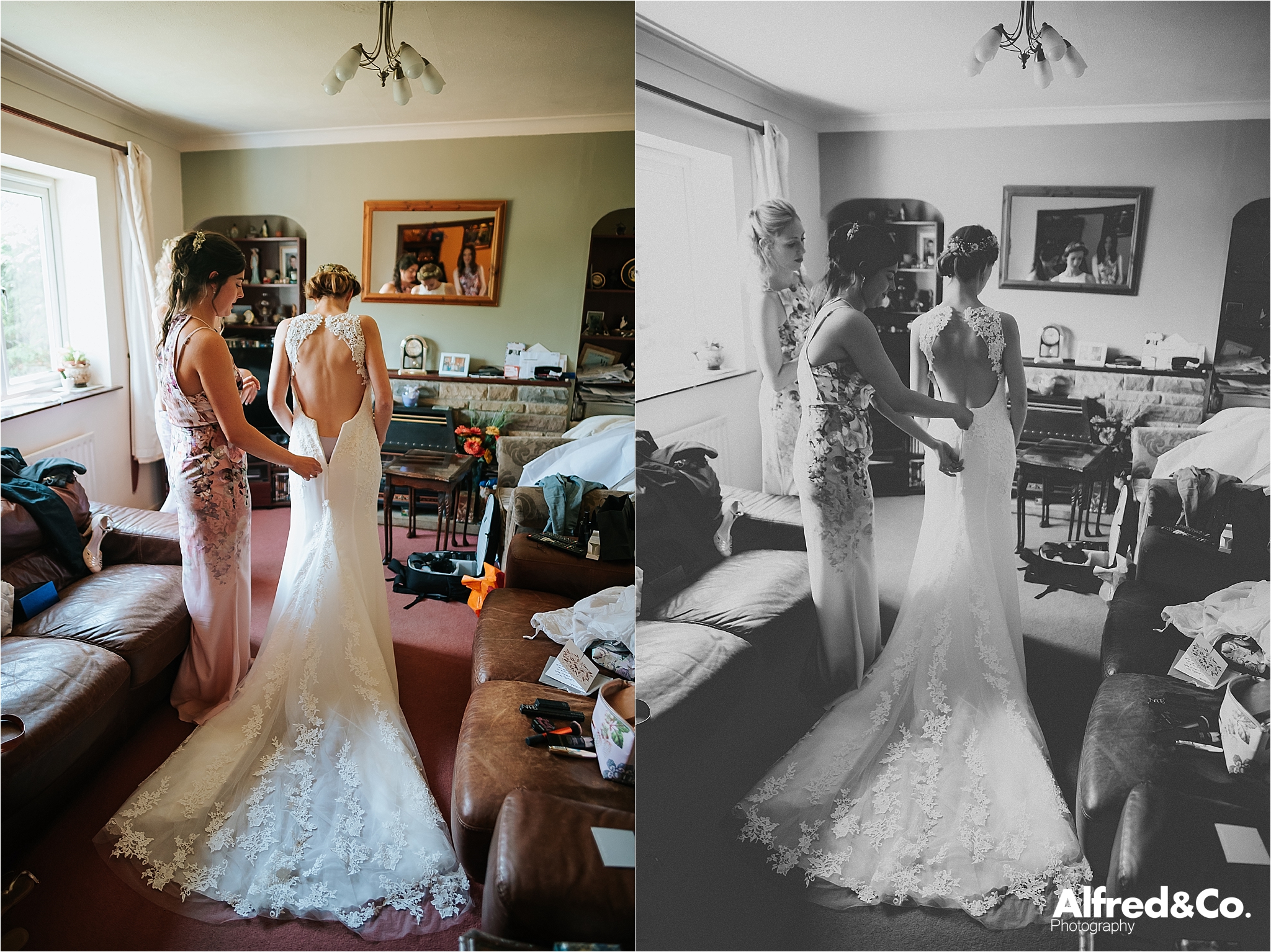 bride putting dress on before wedding 