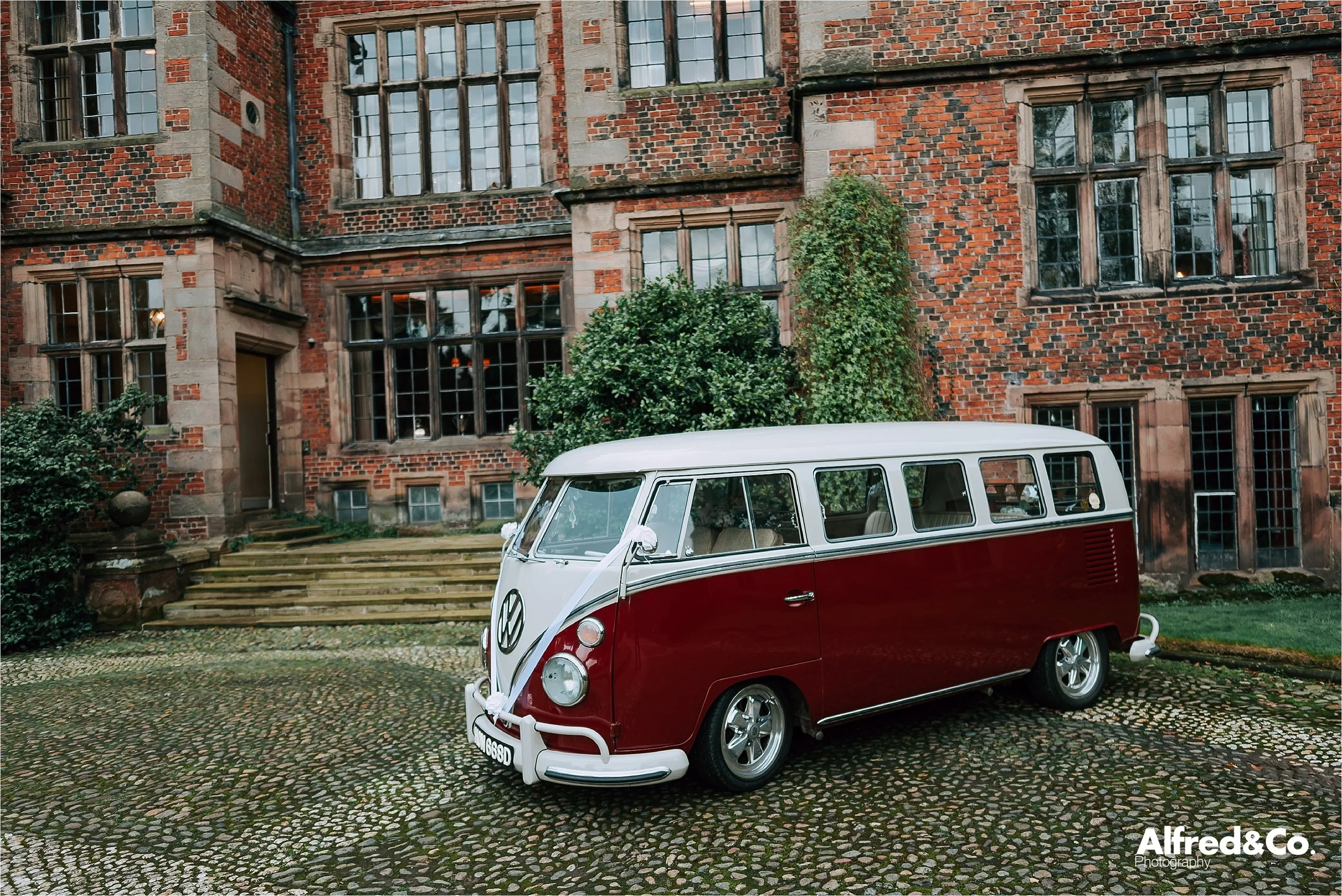 vw camper outside dorfold hall in cheshire