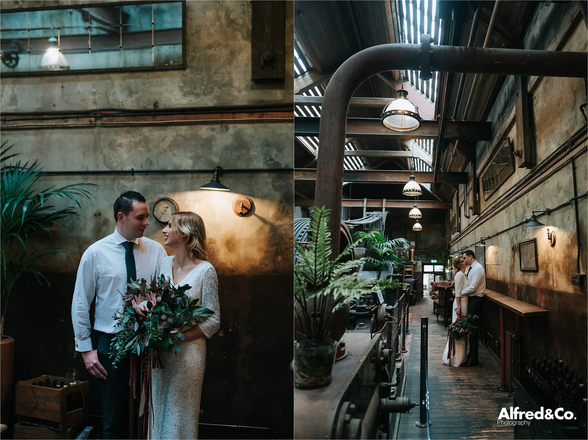 wedding pictures in the engine room at holmes mill 