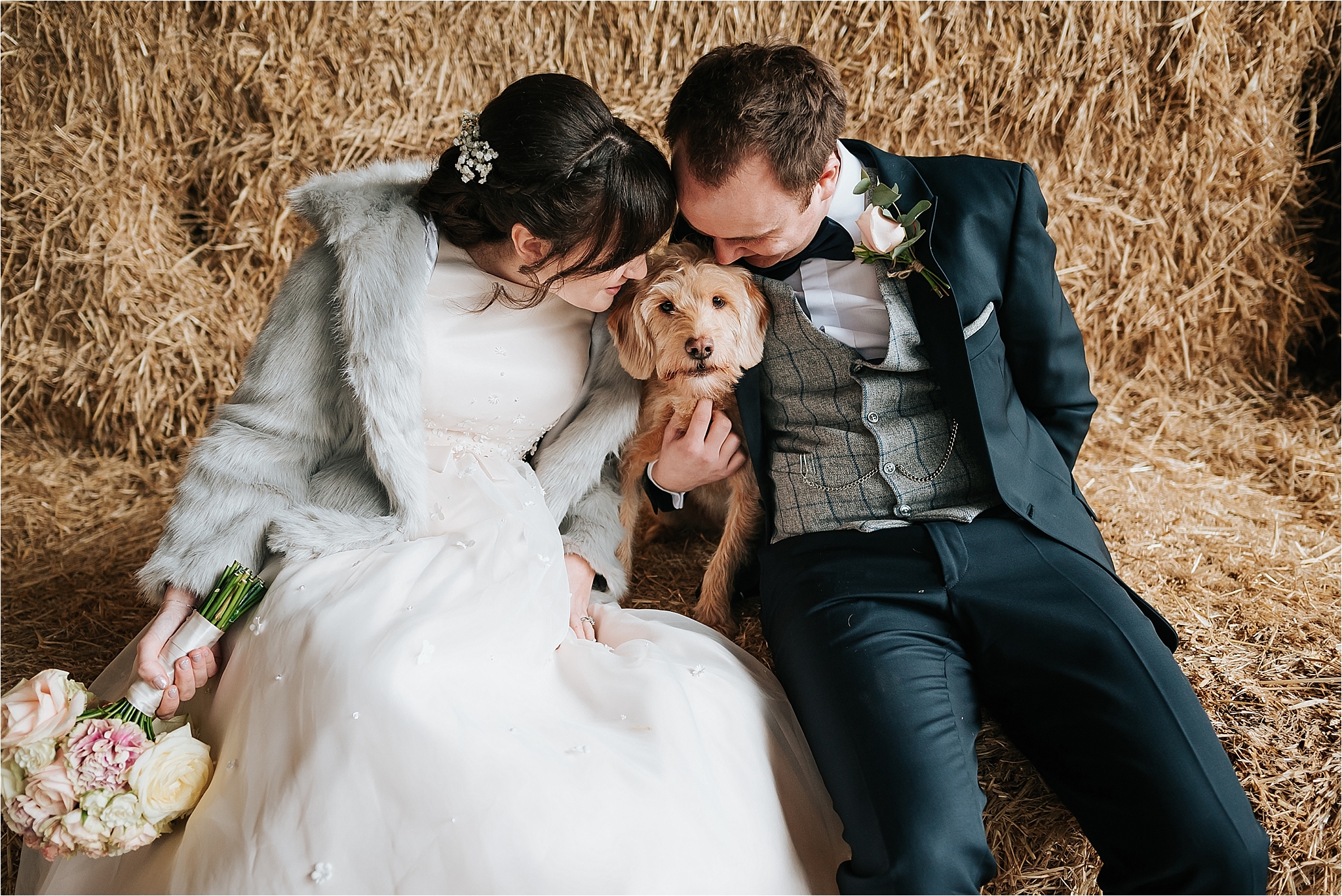 bride and groom at owen house wedding barn