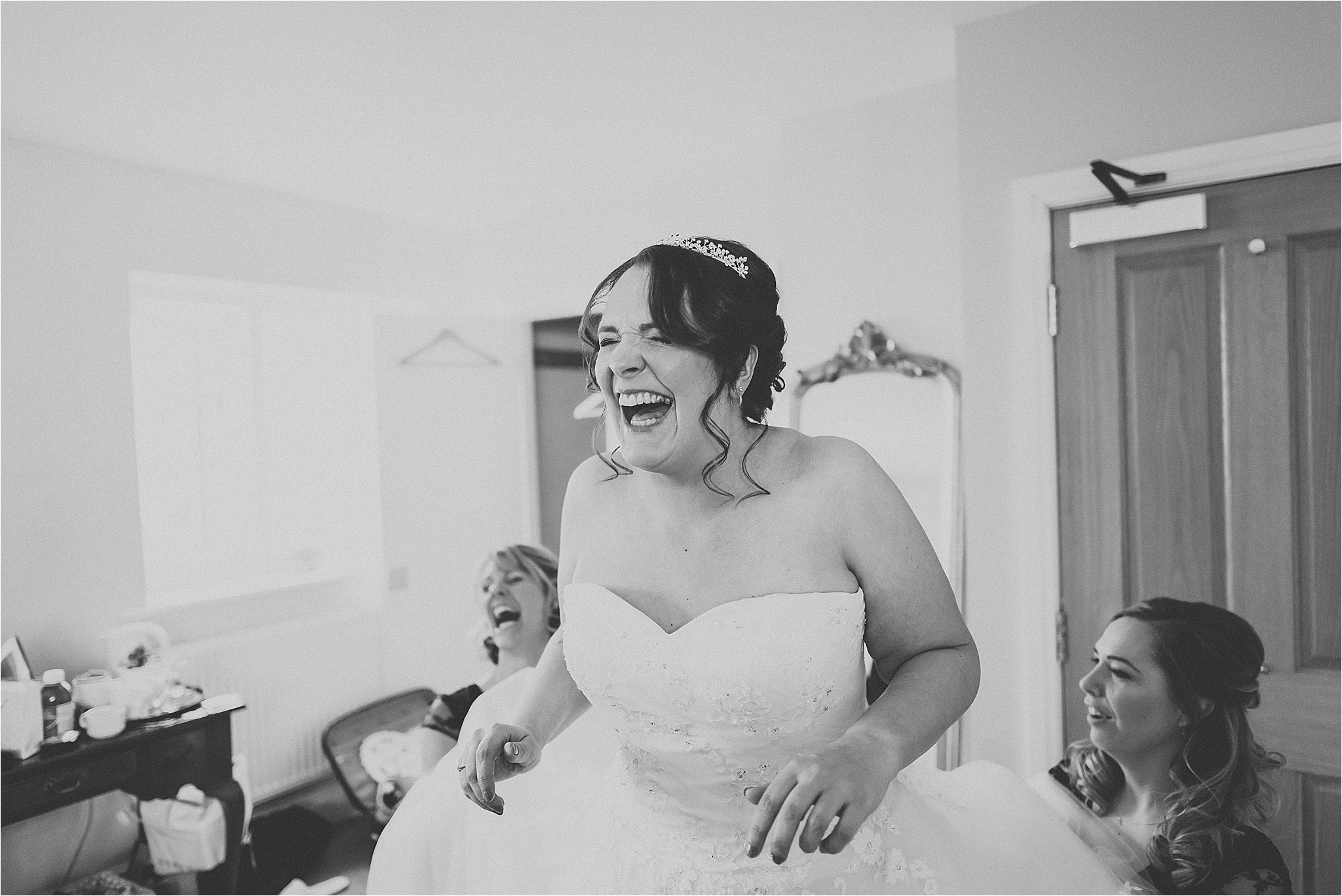 bride laughing at wedding at wrea green, fylde coast