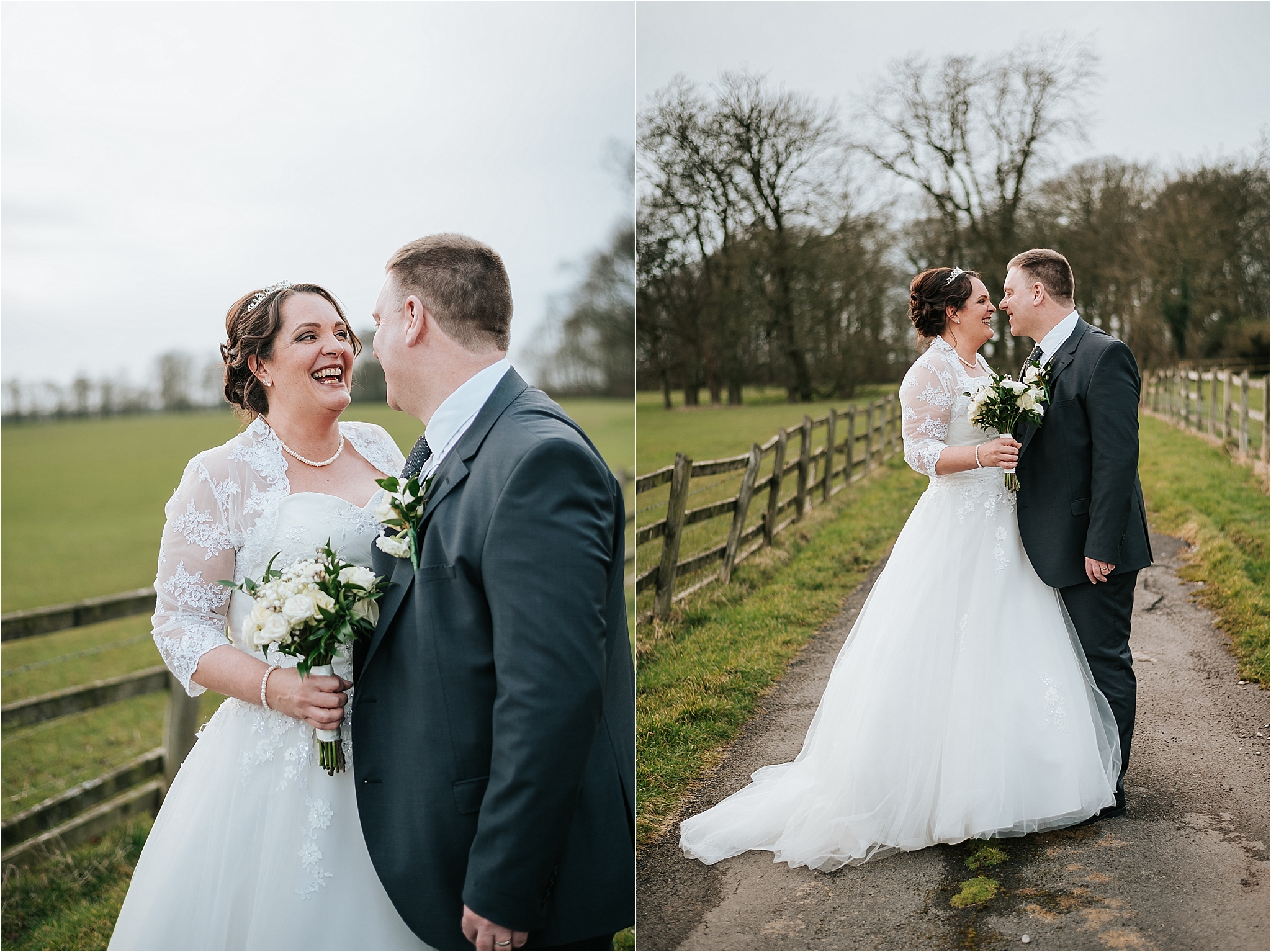 bride and groom at wedding in a field 