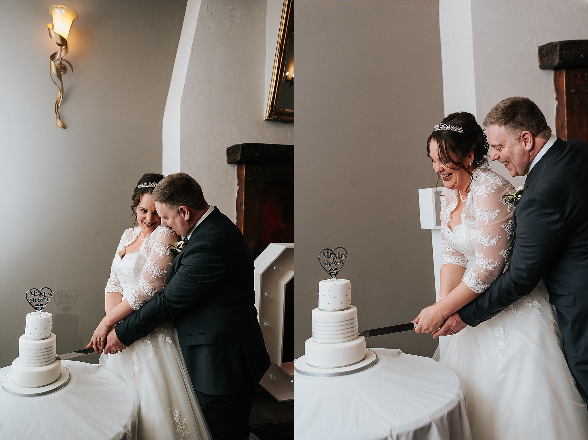 bride and groom cutting their wedding cake 