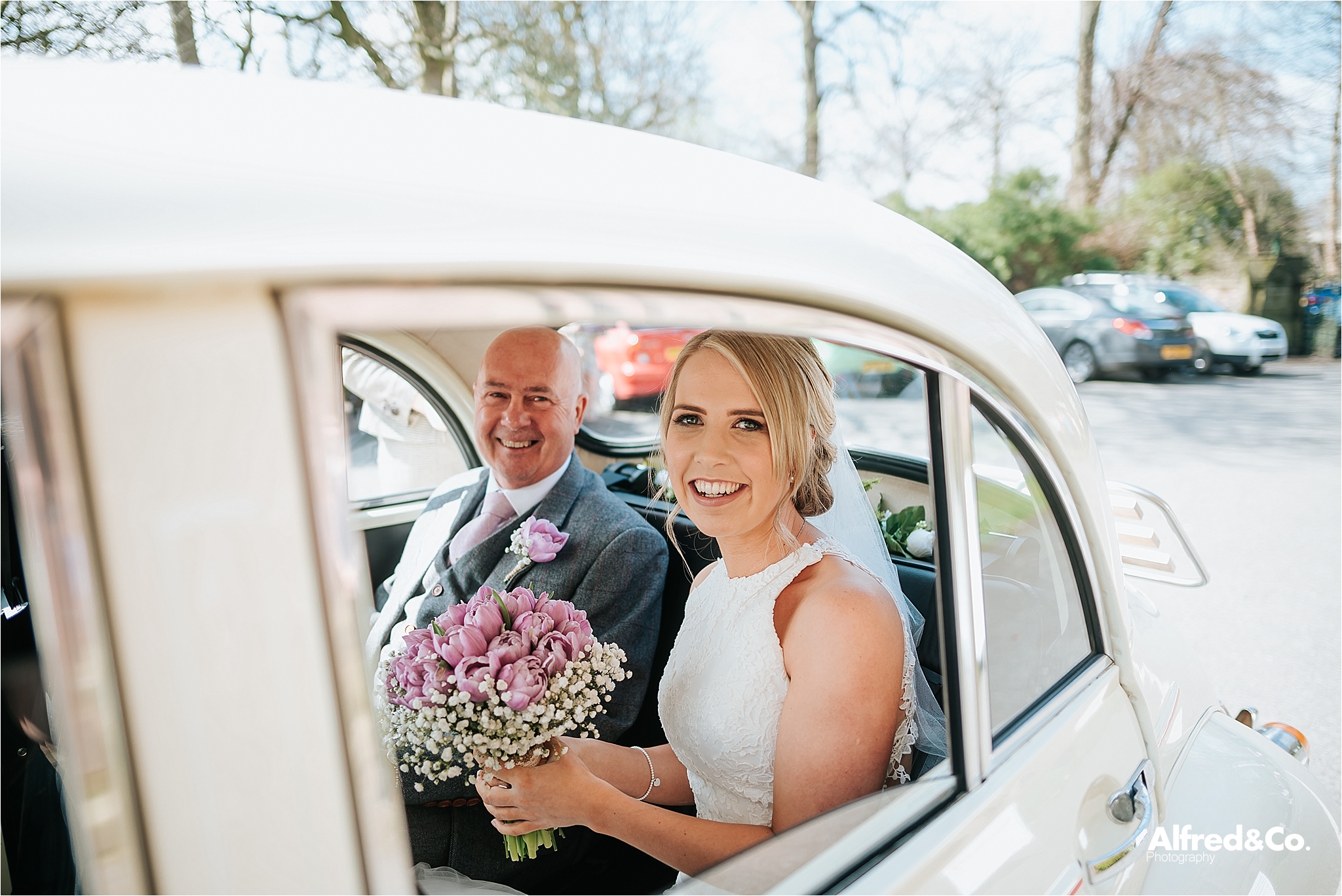 bride in wedding car