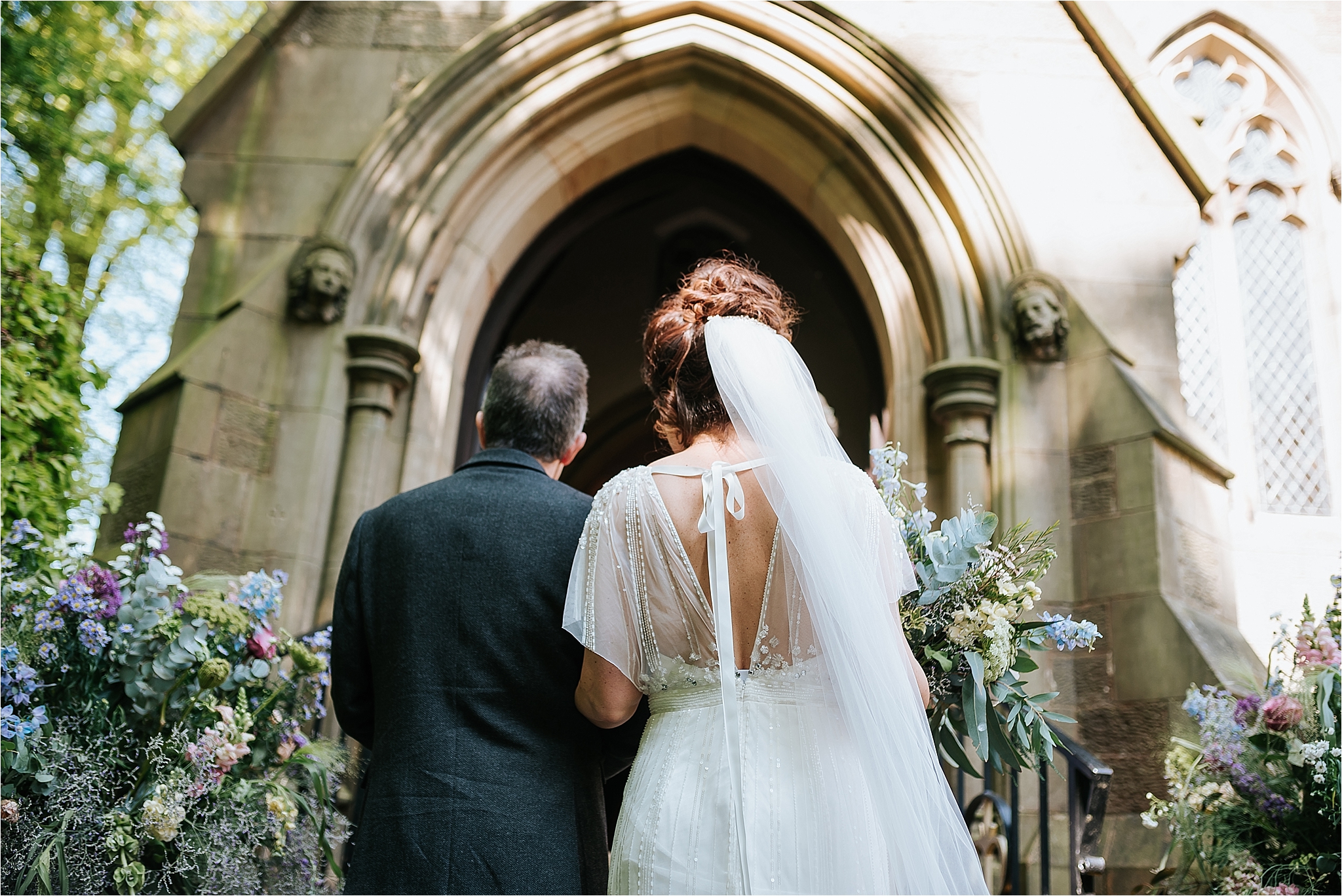 dad and bride outside church in scorton waiting to go in