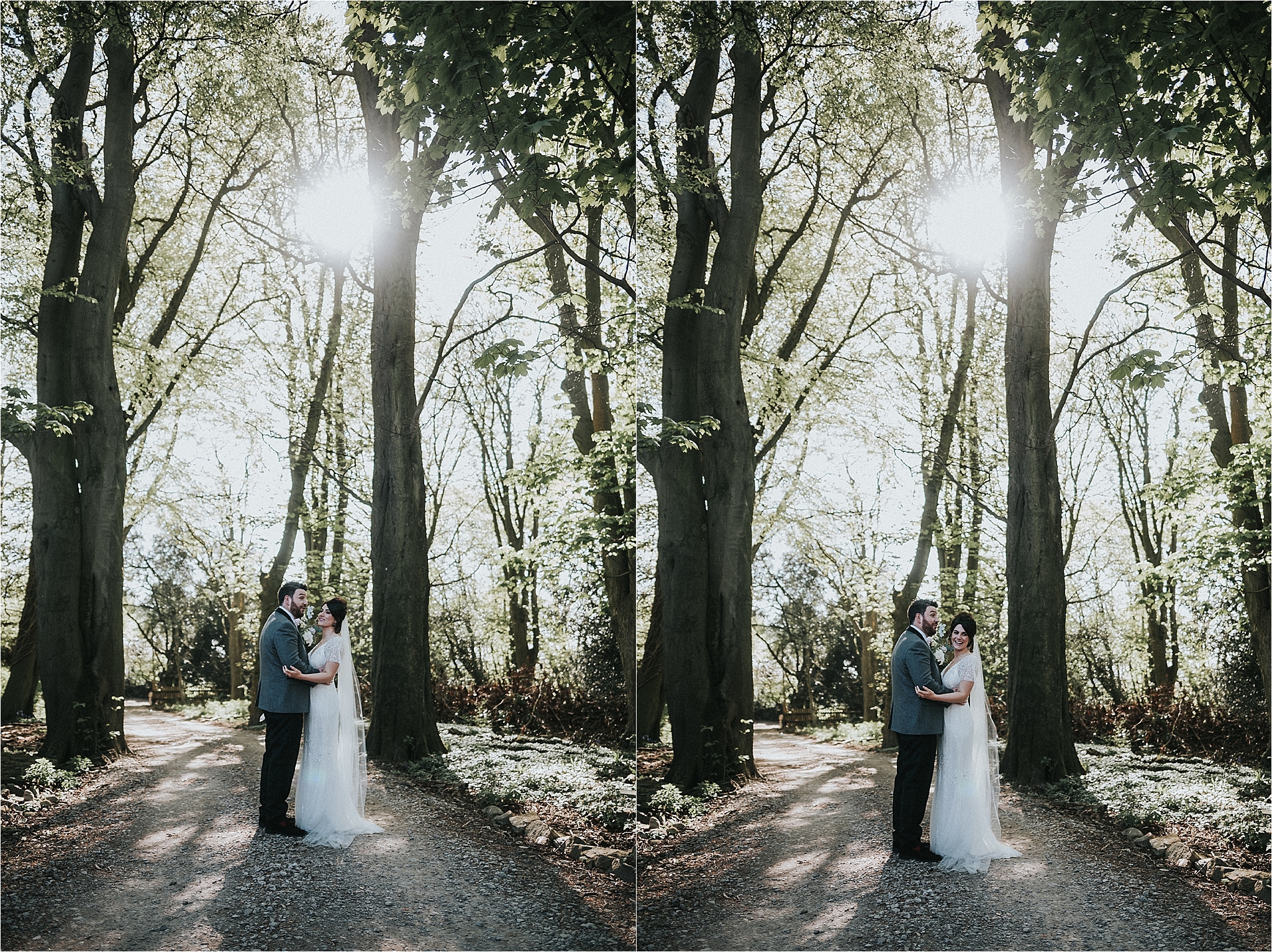 bride and groom in woodland surrounding wyresdale park 