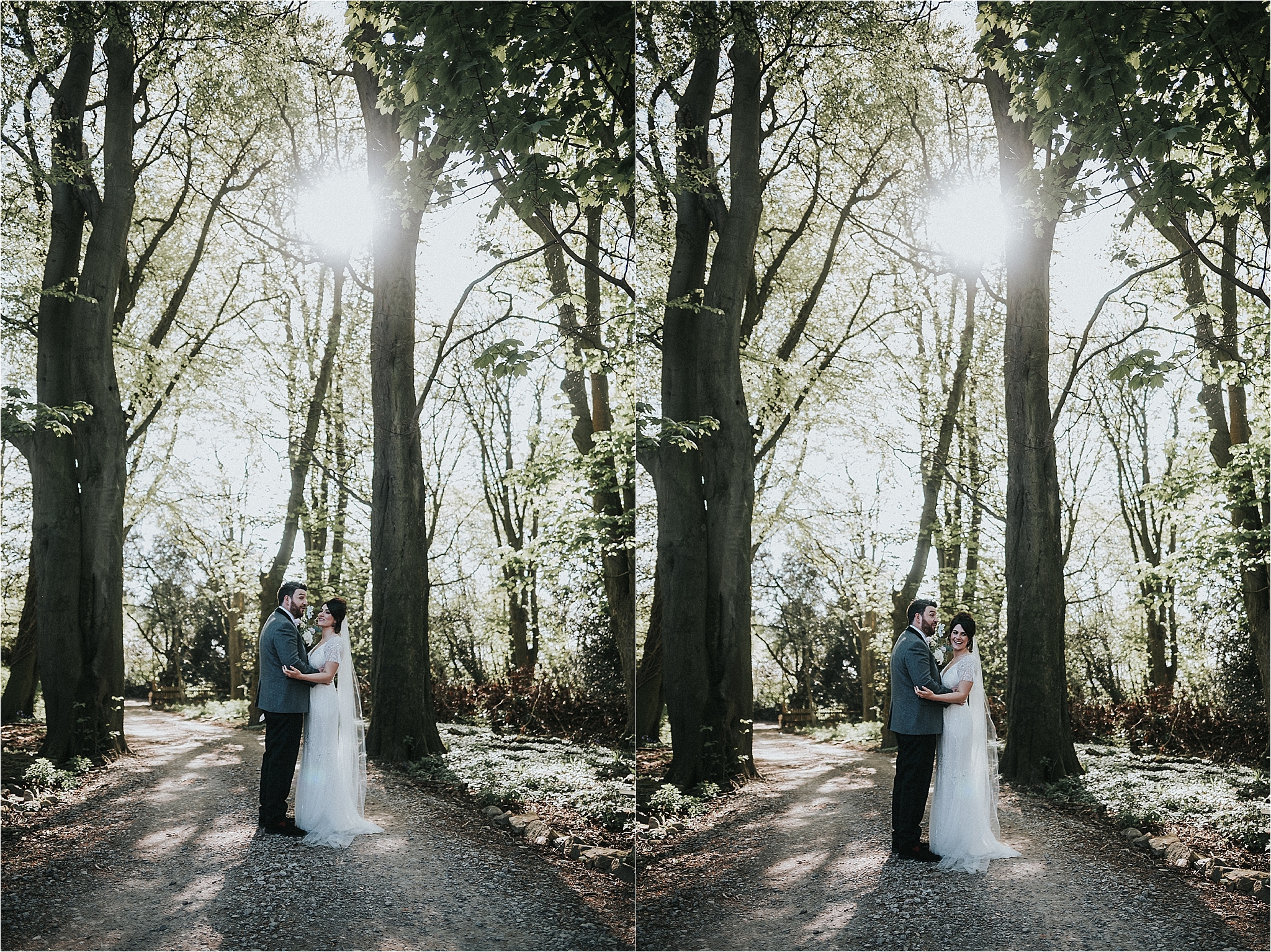 bride and groom in woodland surrounding wyresdale park