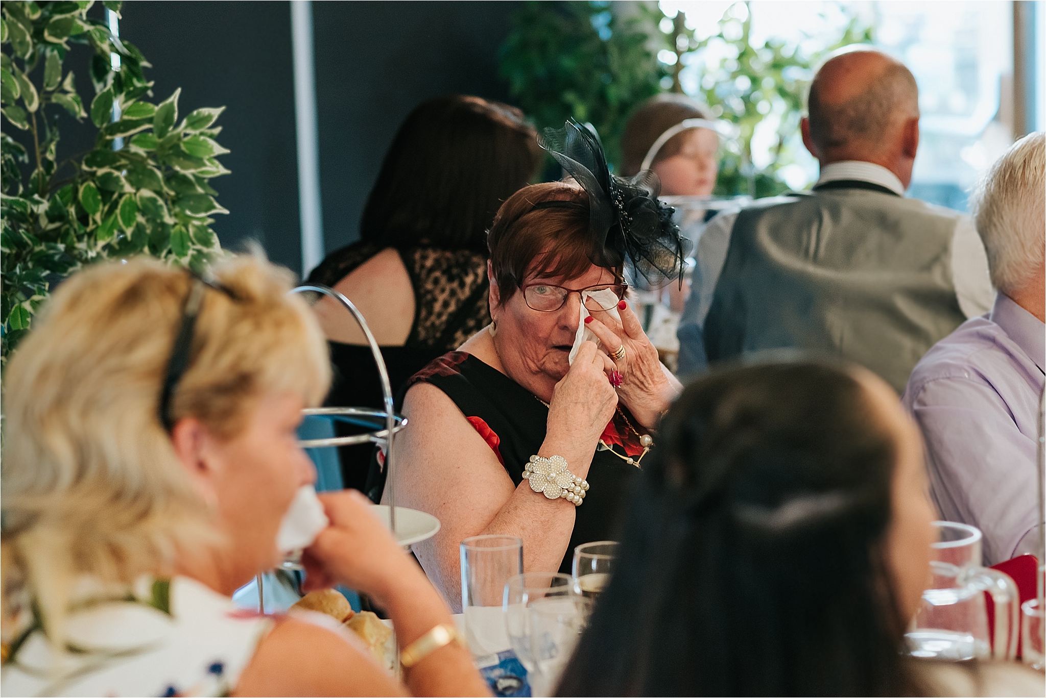 Wedding guest crying at the atrium, clitheroe