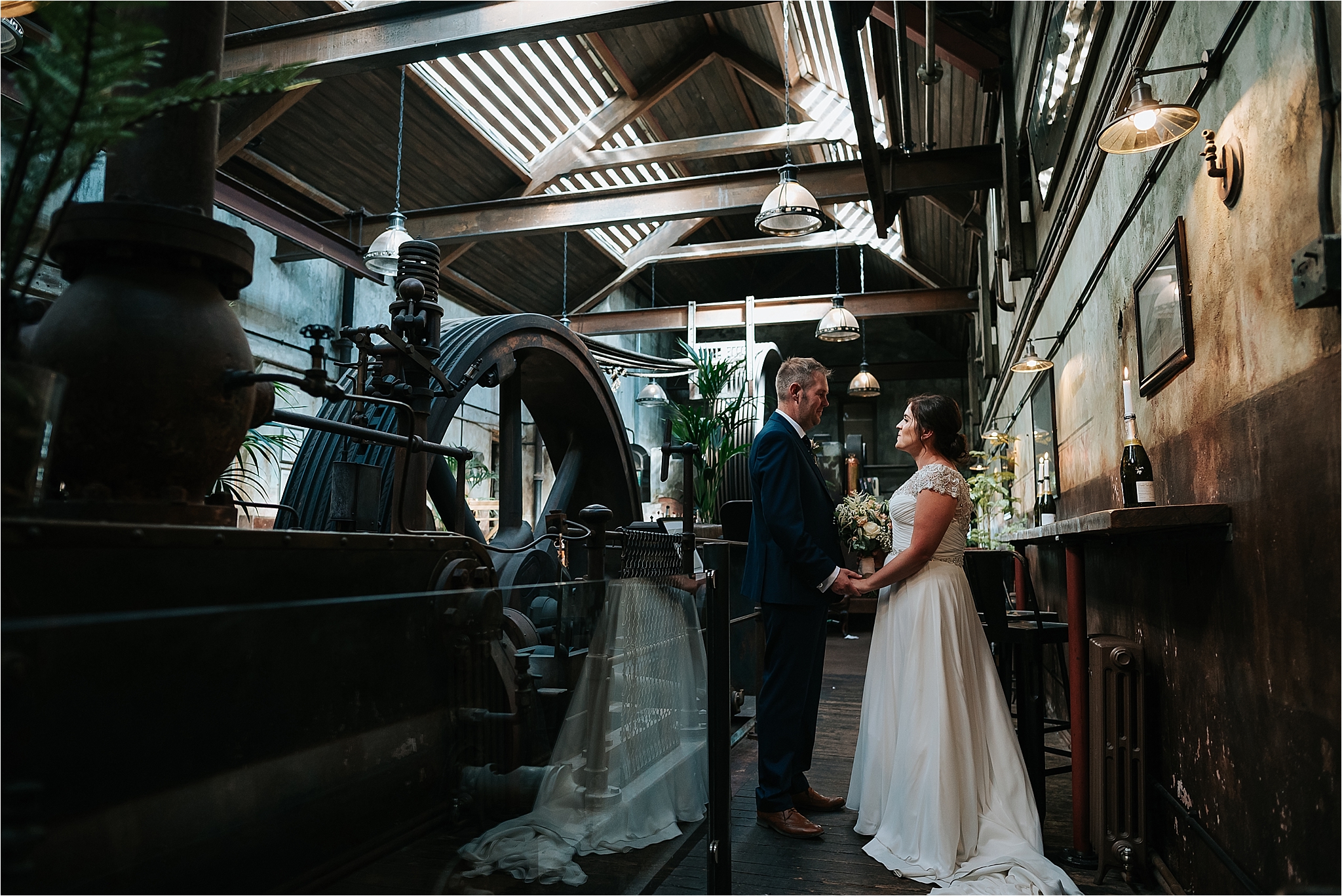 Bride and Groom in Engine Room at Holmes Mill Wedding 