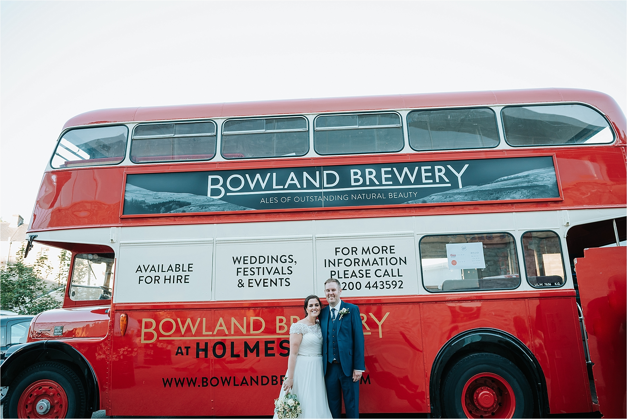 bride and groom in front of bowland brewery bus 