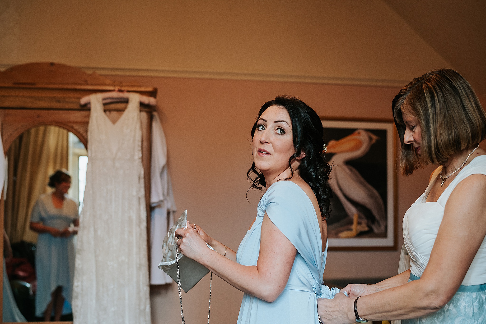 bridesmaid in pale blue dress at wyresdale park