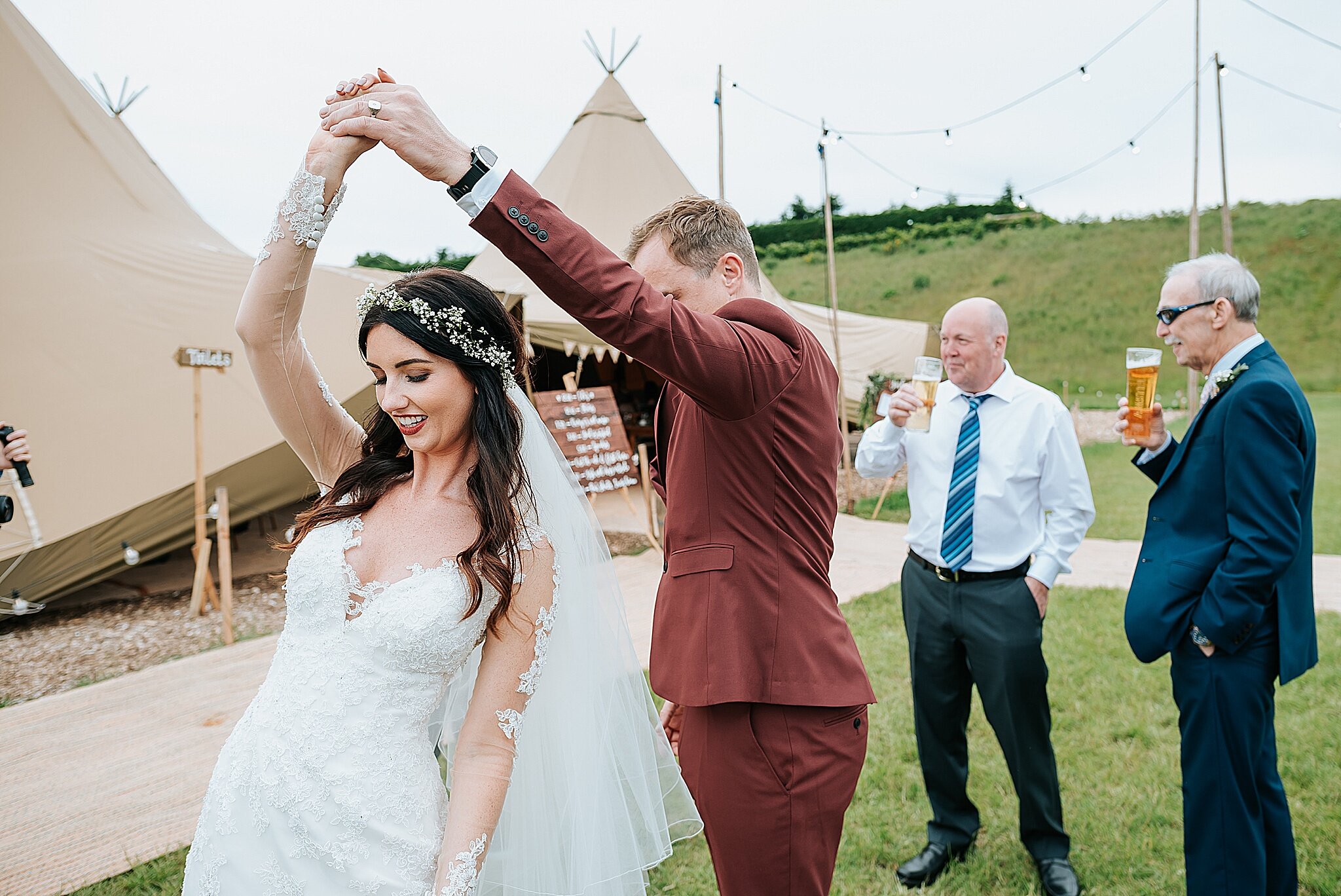 bridal couple dancing at tipi wedding in cheshire 
