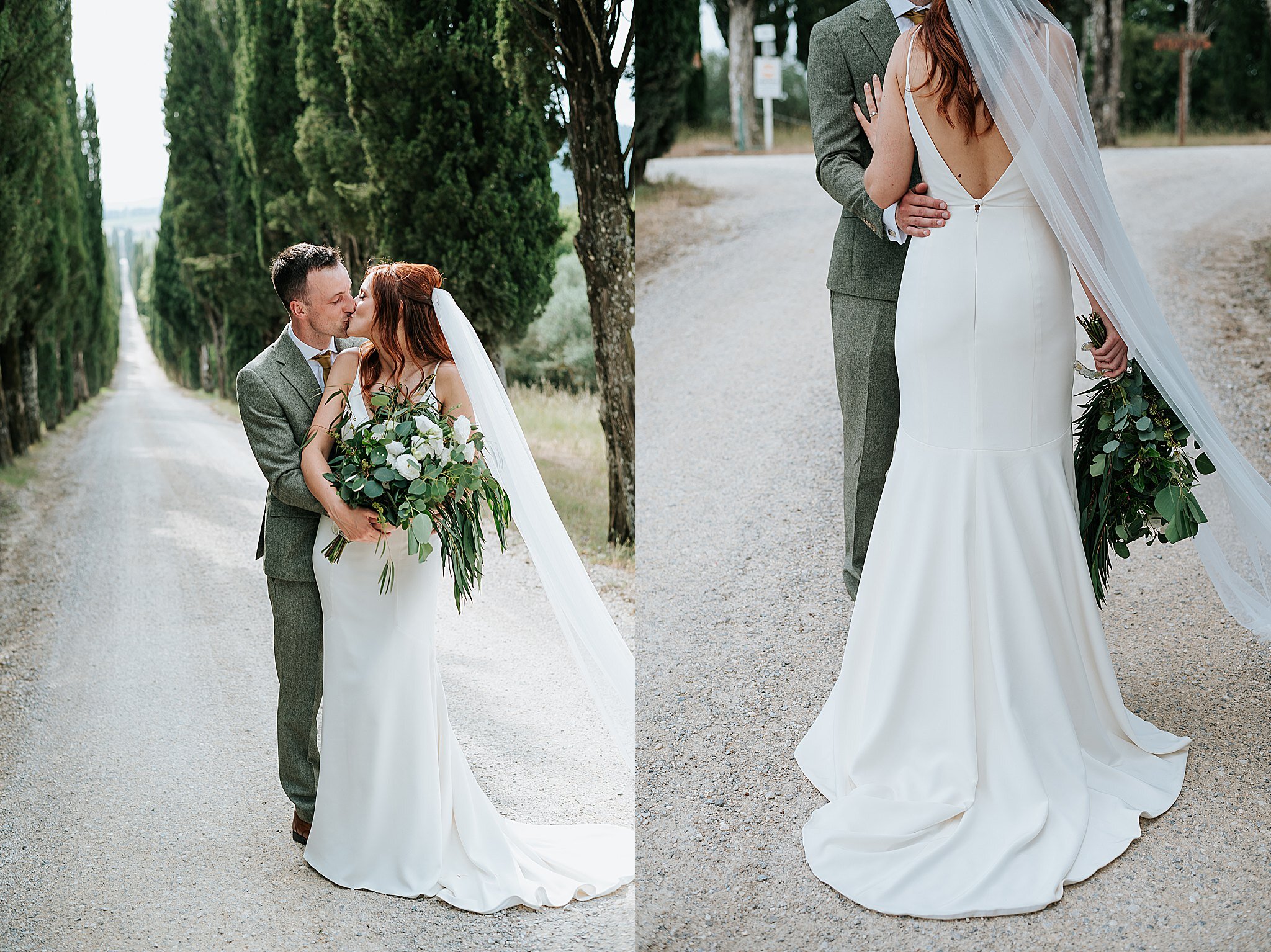 bride and groom on cypress tree lined road in tuscany