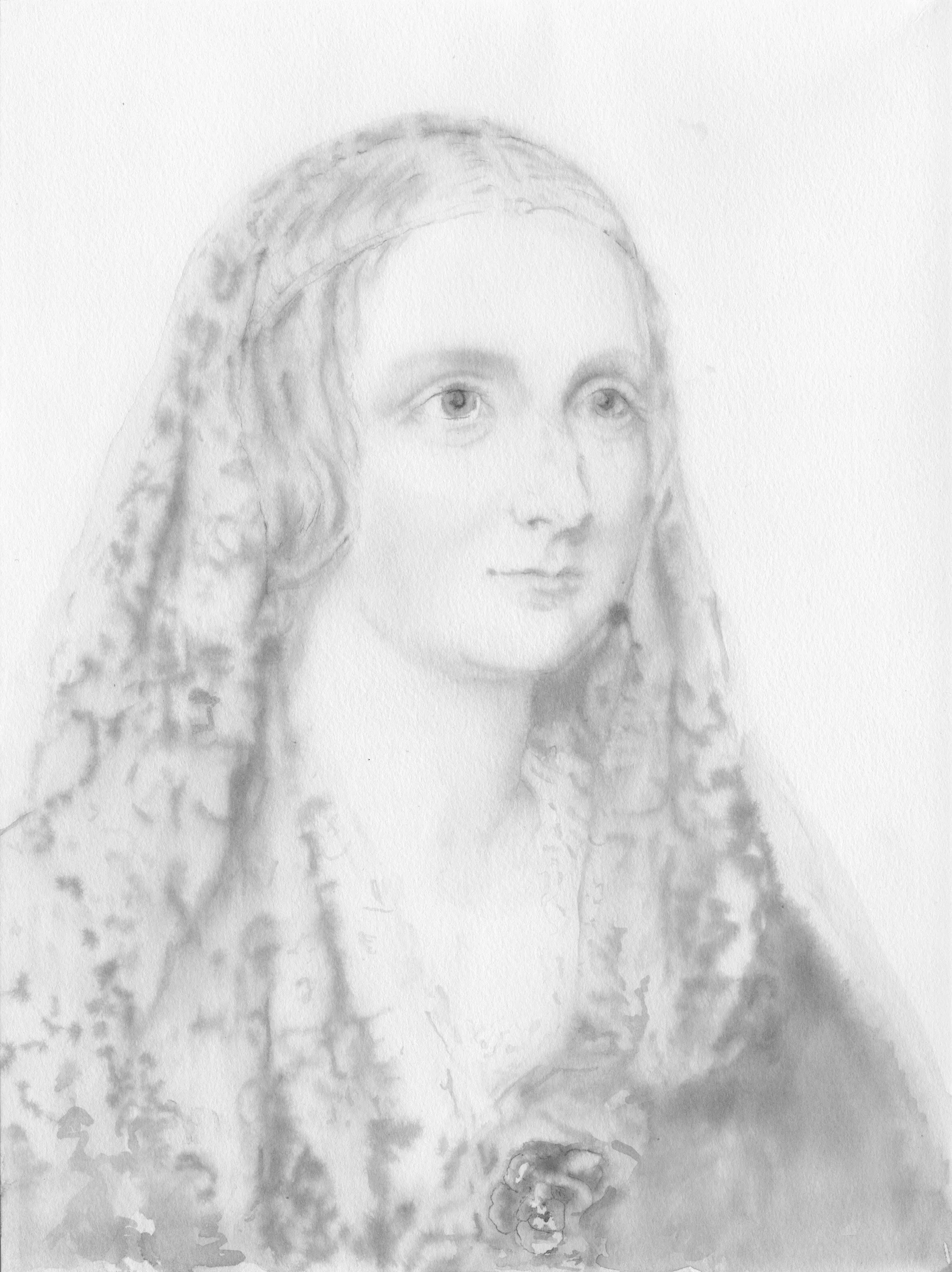 Mary Shelley, Inkwash on paper, 360x270mm