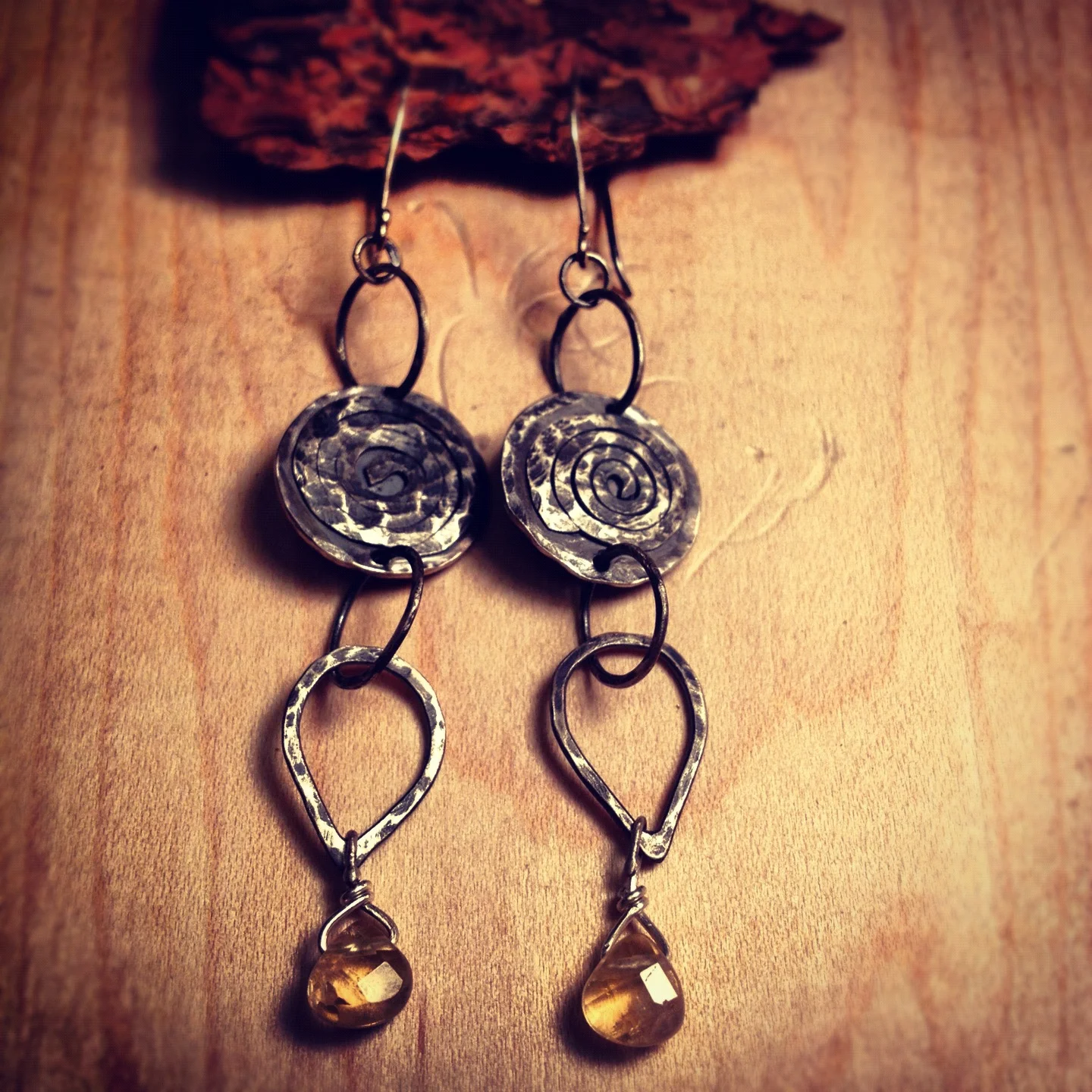 Sterling silver patina spiral, with dropped citrine