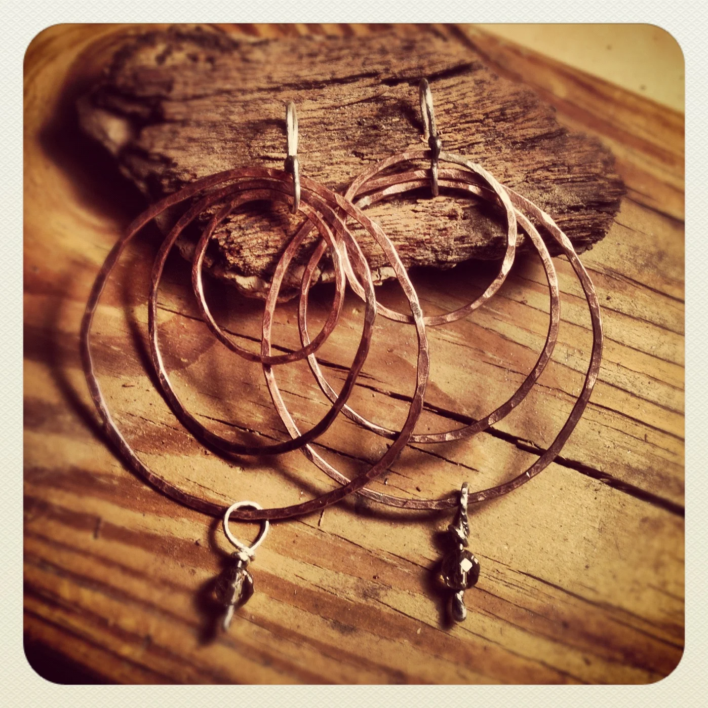 Hammered copper triple hoop with smoky quartz, sterling silver hook