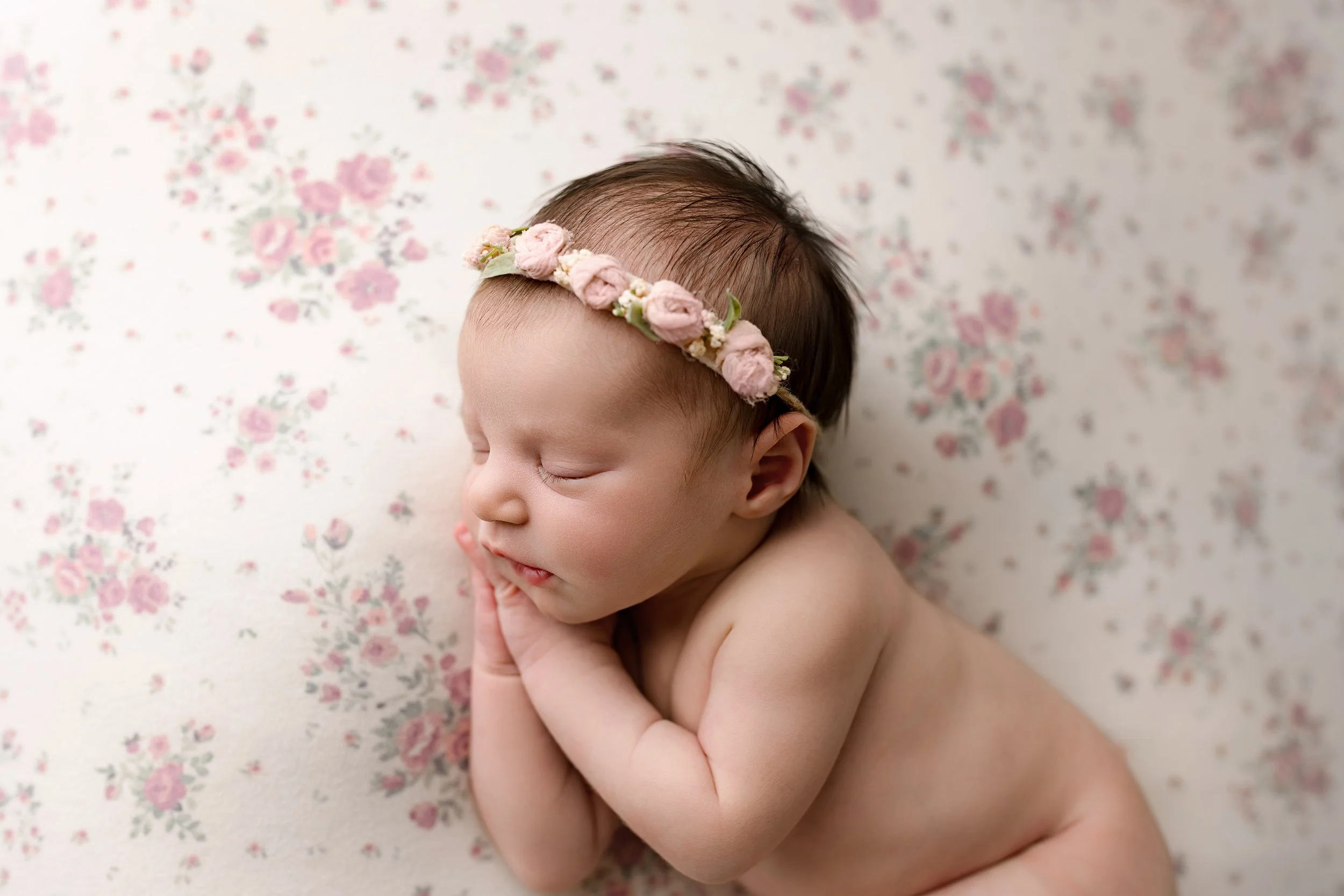 newborn photographer in harford county baby laying on a floral blush blanket