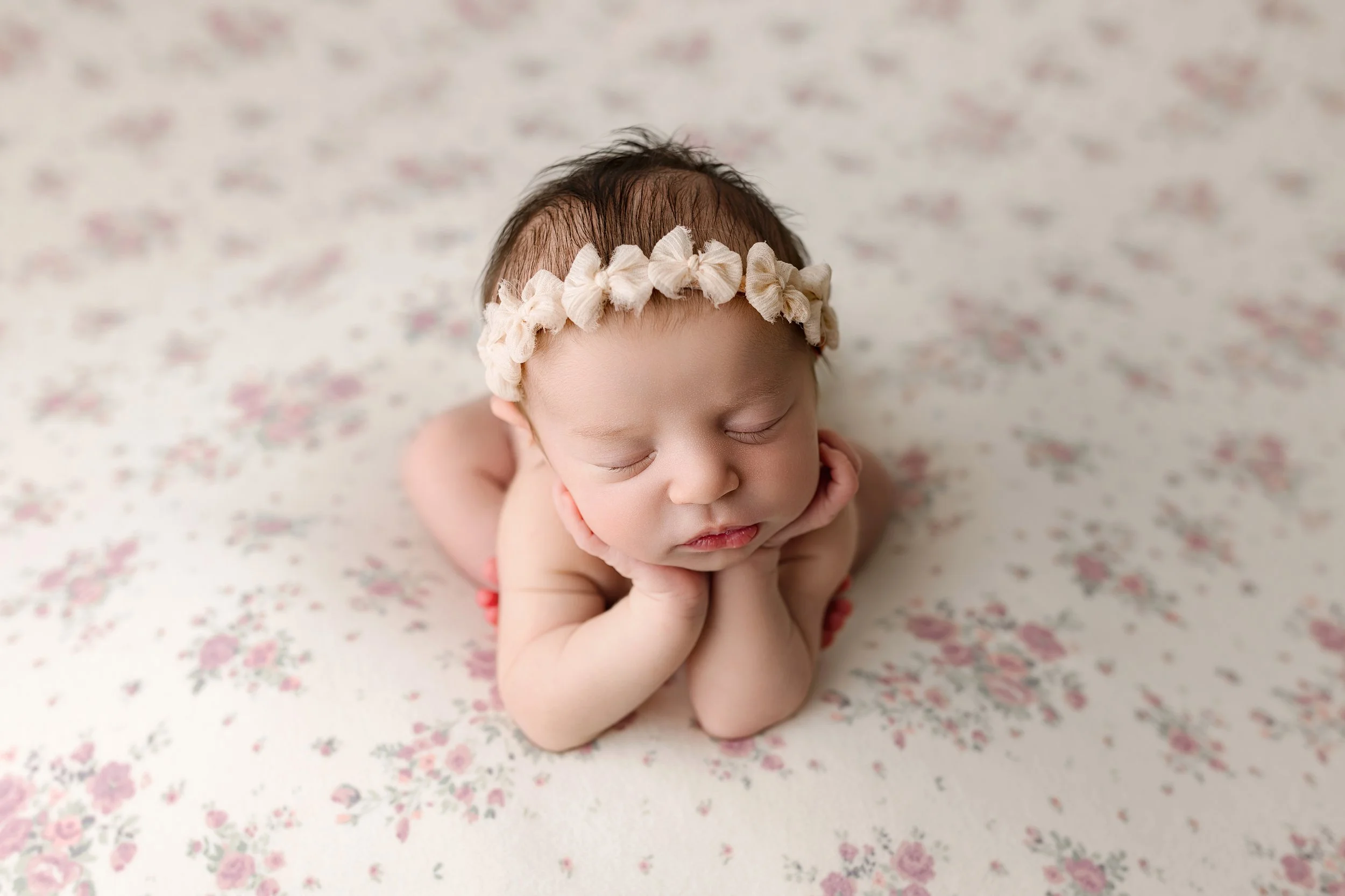 Harford county maryland newborn photographer baby froggy pose blush floral backdrop