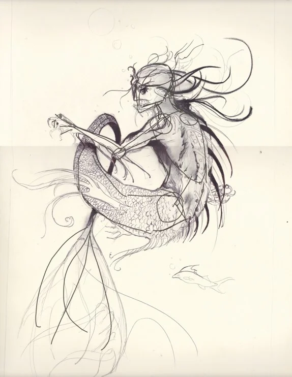 Once you have mapped out the position of your subject on the page, you can start to build up some context with a darker pencil -- compressed charcoal and a smudge pencil are great for this. Try not to overdo the shading at this stage. Instead, try to pick only a few of the darkest contours in a few crevices. When it comes to shading, less is more and it forces you to consider nuance and detail in the early stages.