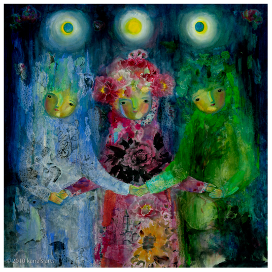 ©2010 kana's arts / "past, present, future" / ink, watercolor, gouache, dry pigment on washi collage mounted on canvas