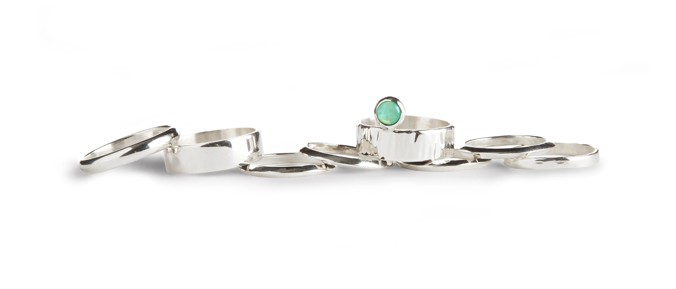 { sterling silver / aventurine cabochon / hand hammered rings } knife-edge, wide-bands, half-round + textured