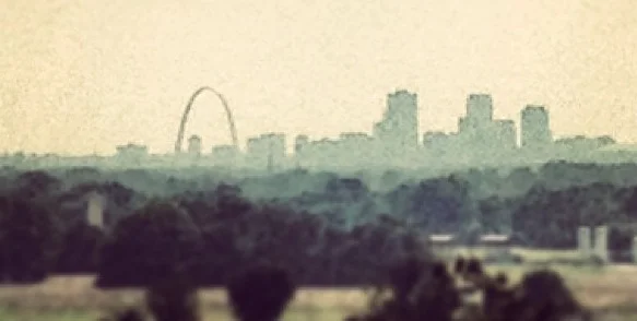 View of St. Louis from the Cahokia Mounds .