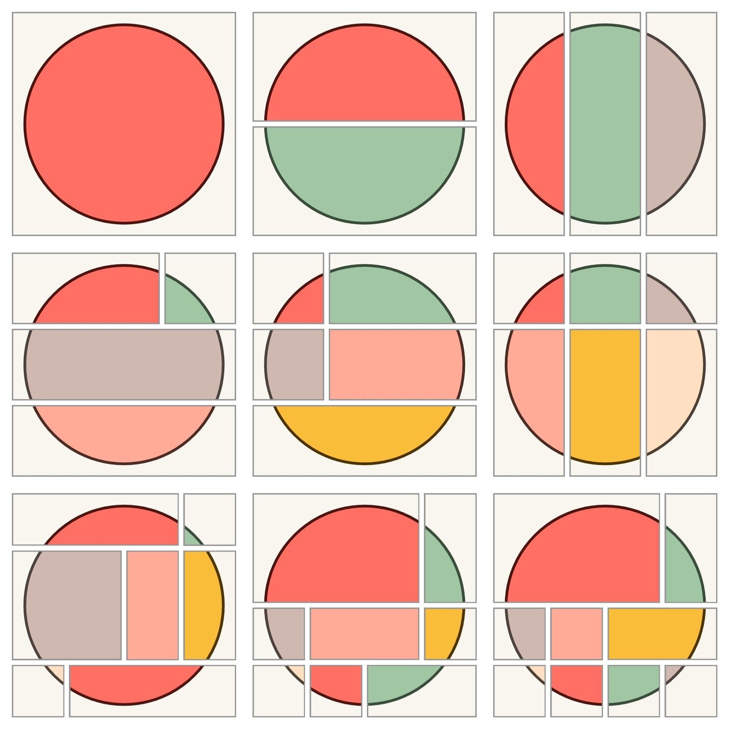 Continuing my experimentation with circles and panels, now across multiple pages, with the simple progression of increasing the panel count. This time I make the panel borders more subdued, and added a color hold effect to the circle outline.

#gener