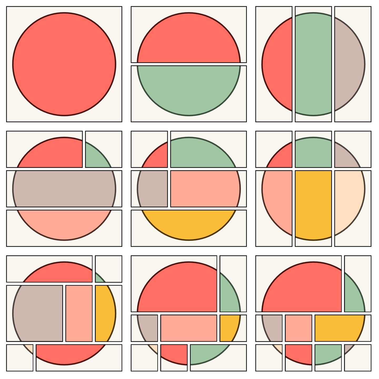 For comparison, here I've set the panel borders to black...maybe I like this more.

#generativeart #algorithmicart #p5js