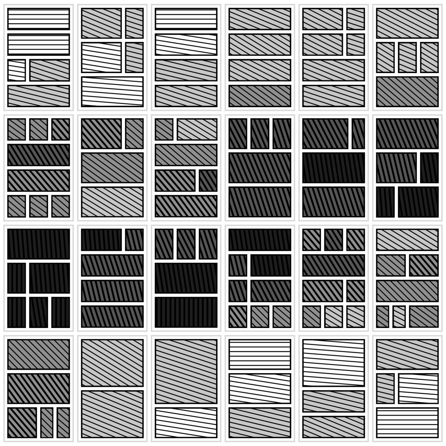 I'm experimenting again with abstract comics, this time playing around with using a stochastic story curve to guide the narrative flow, and exploring different visual encodings: panel brightness and line orientation (horizontal=&gt;stable or safe, di