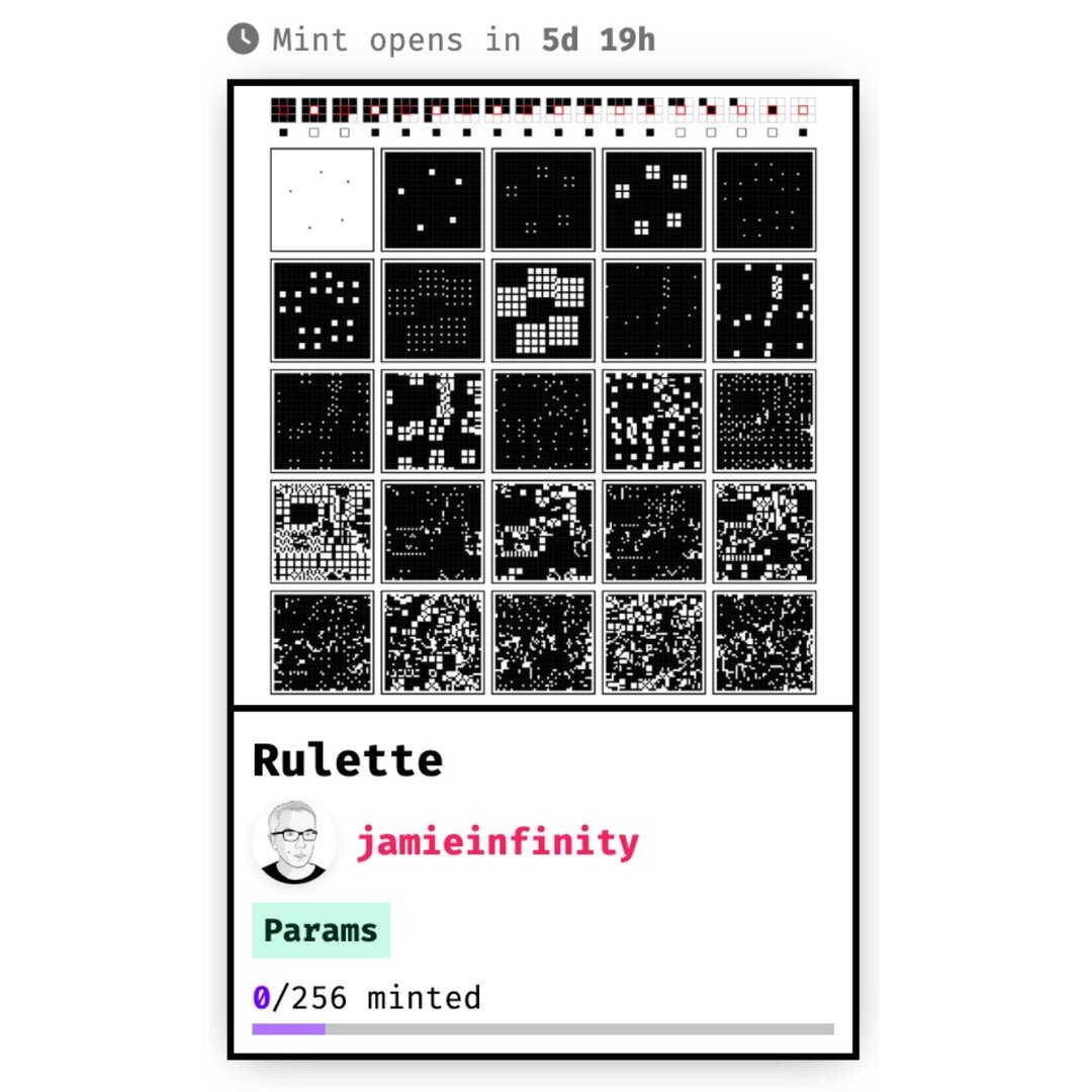 I published my second project on #fxhash, it's called &quot;Rulette&quot; (minting opens next Thursday.) There are over 125K cellular automaton rules to explore. It's fun trying to track down unusual patterns. 

#generativeart #algorithmicart #cellul