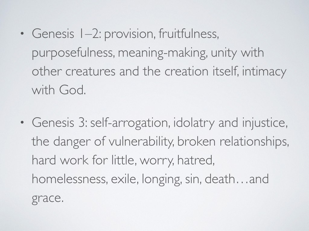 This is exactly why the finale of Genesis 3 is so heartbreaking. When Adam and Eve were exiled from the Garden, they lost their home. They no longer belonged anywhere or to anyone with the same intimacy and safety with which they had belonged to God and each other and all of creation in Eden. As Margaret Kim Peterson wrote, “Home, once an encompassing reality, was now reduced to dim memory and distant longings” (23). The cycles of exile and homecoming that we see throughout redemptive history started with one flaming moment on the east edge of Eden.