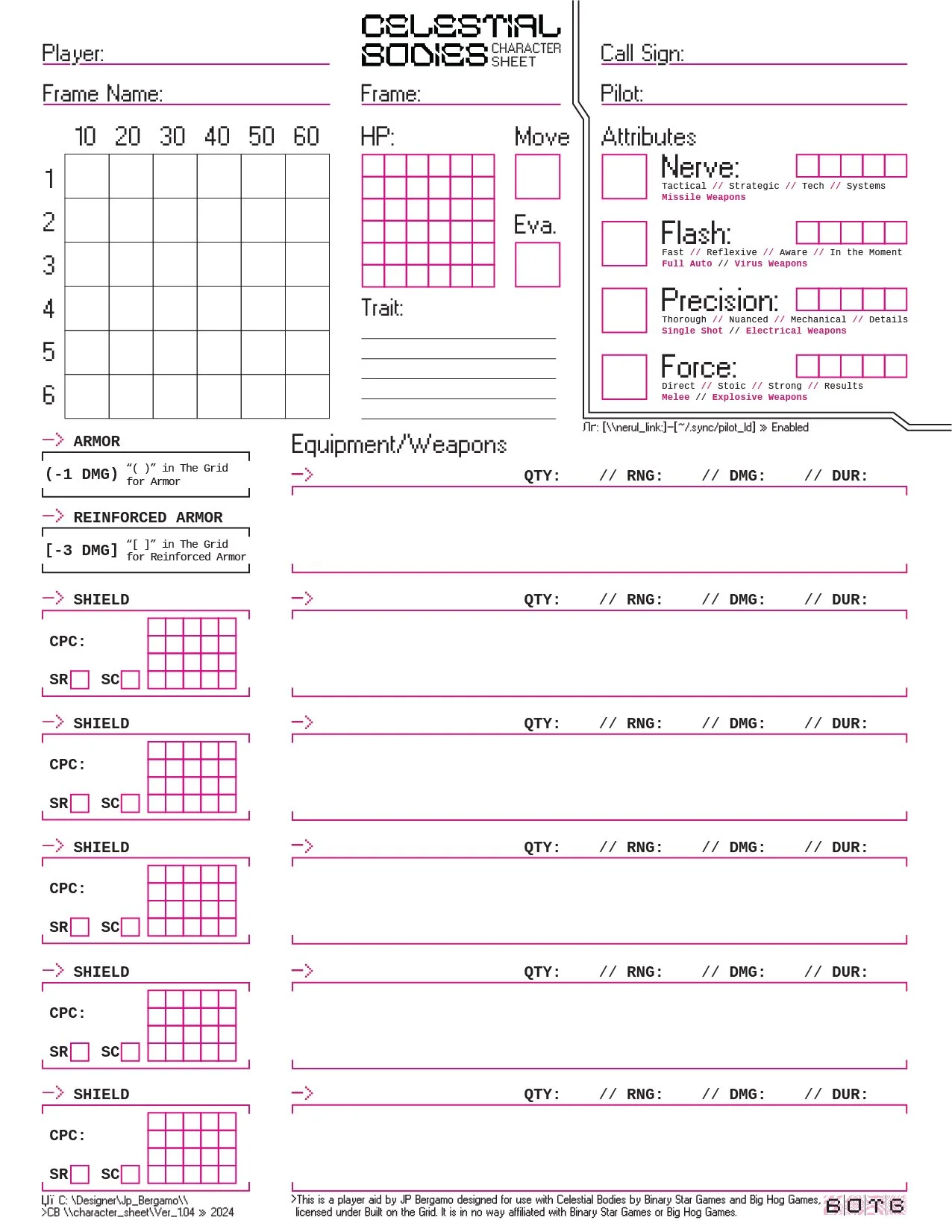 Celestial Bodies - Character Sheet