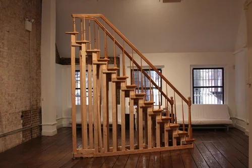   Ashton view Drive (House with Stairs) , 10' x 36" x 13' tall. Fir, oak, veneer, plywood, stain, polyurethane, hardware, wood putty. Installation view at TEMP art space. Photo by Alex Ahn. 2013. 