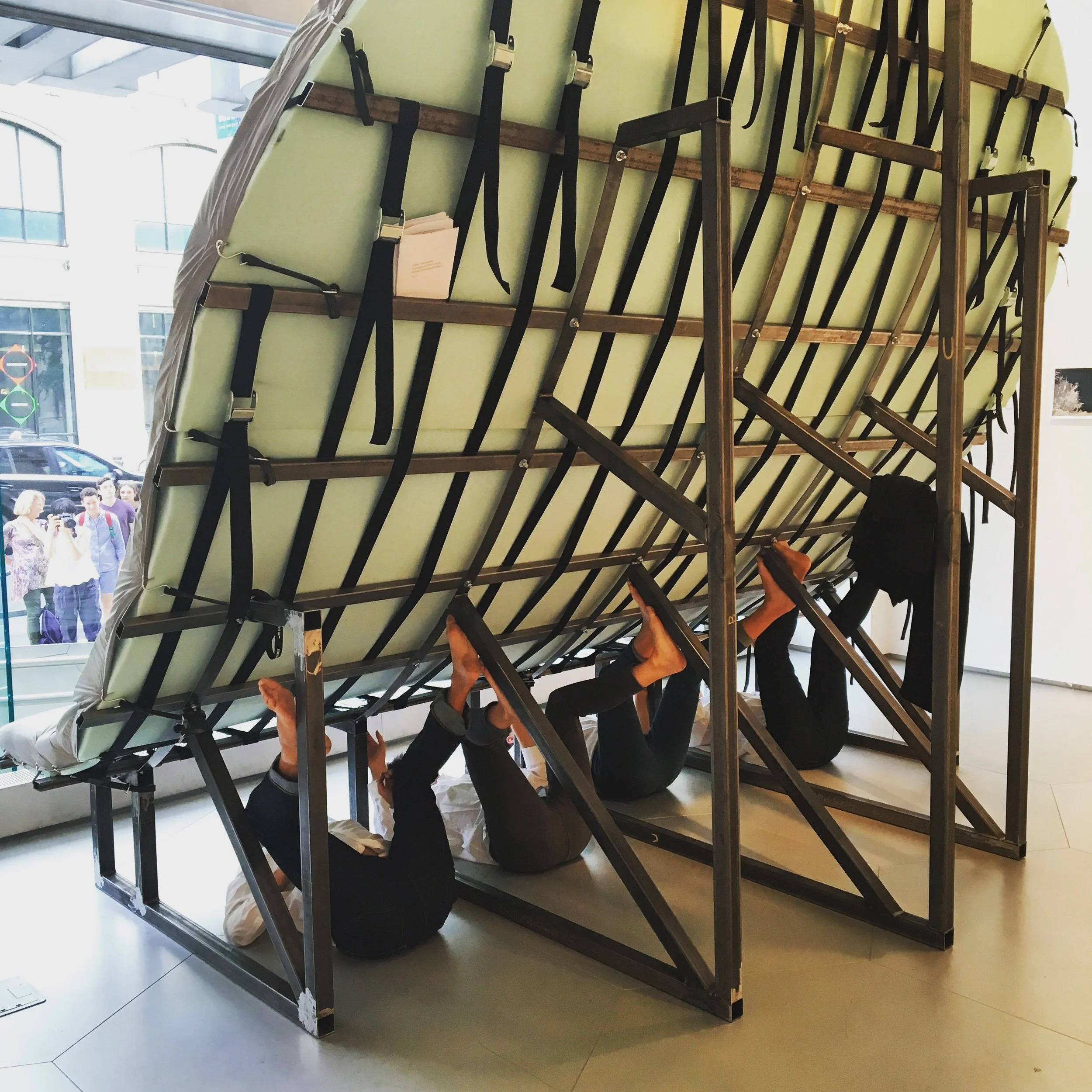  Still image from  unfold into , 2016, a performance with and by Dages Juvelier Keates,&nbsp;Amelie Gaulier Brody, Rain Saukas, and Alexis Steeves. Sound: Joshua Dumas. Material consultant: Kerry Downey.  Dages Juvelier Keates will perform in tandem 