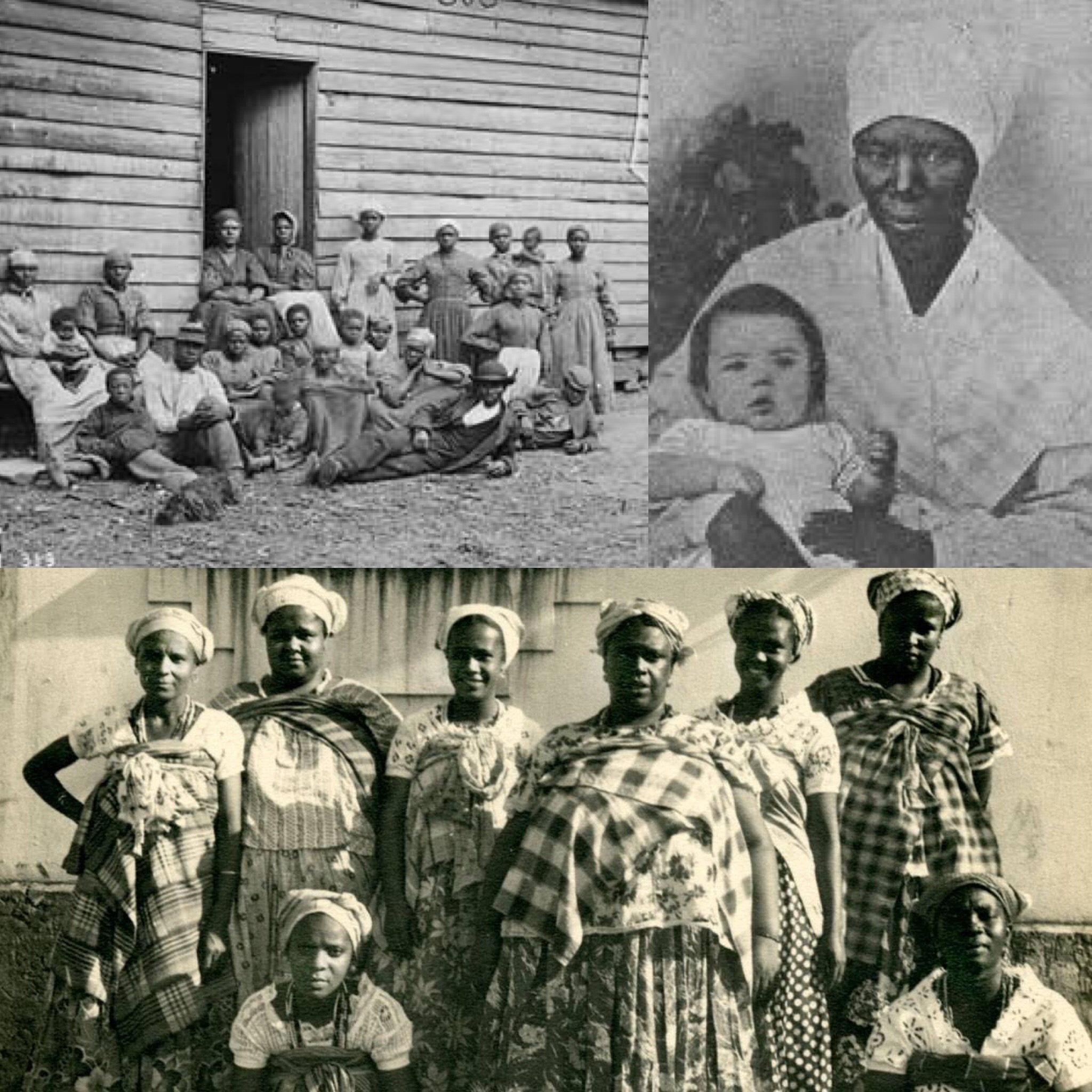 Top Left: Slave women and men wearing headwraps Top Right: Black " Mammy " taking care of white child Bottom: African and Afro-Latina slaves in headwraps