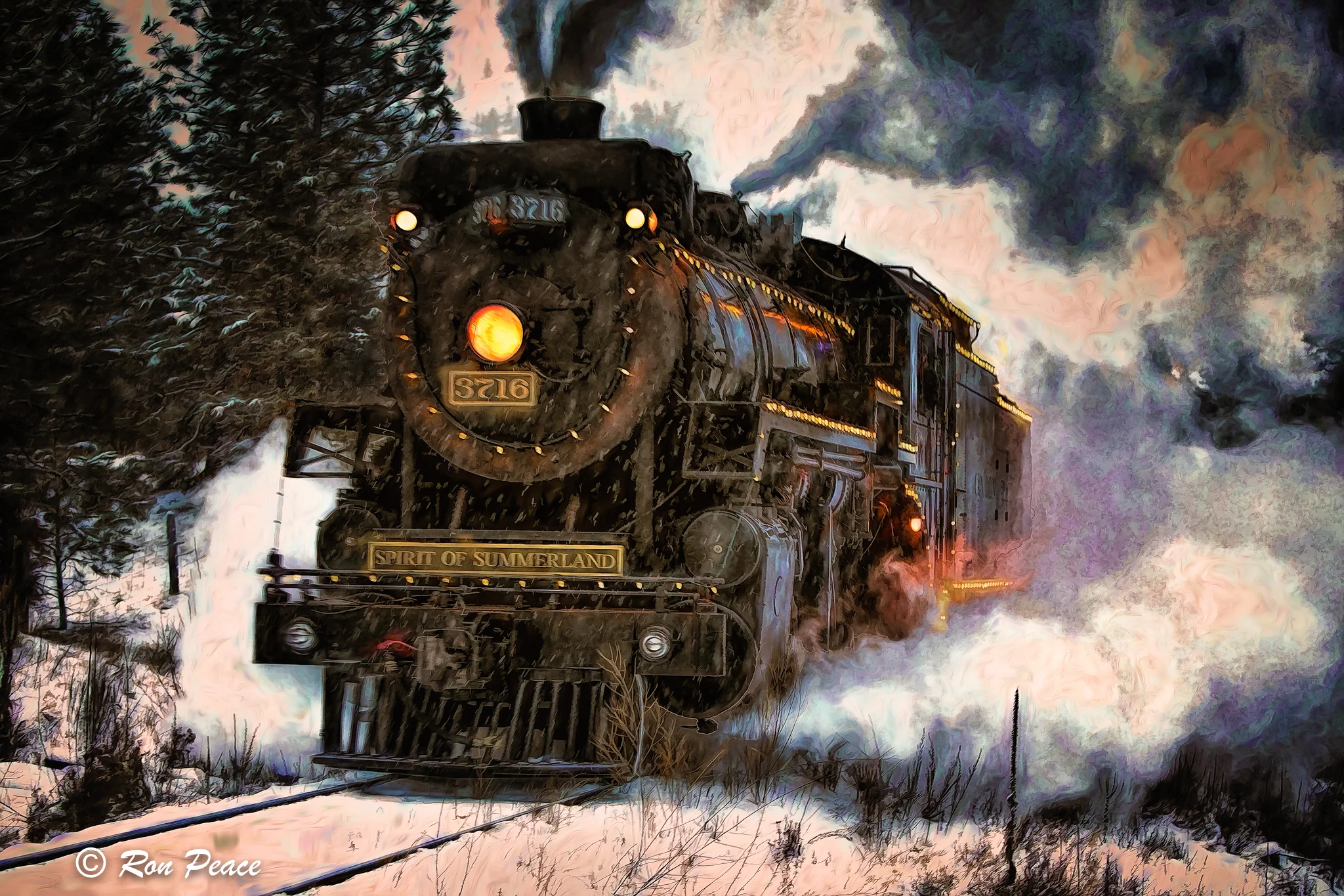 A mixed media (acrylic and photo) of Old 3719 conveys the power of this locomotive steam engine