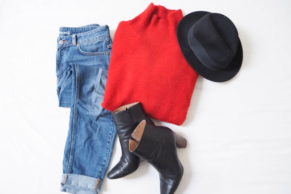 Red jumper and Whistles jeans