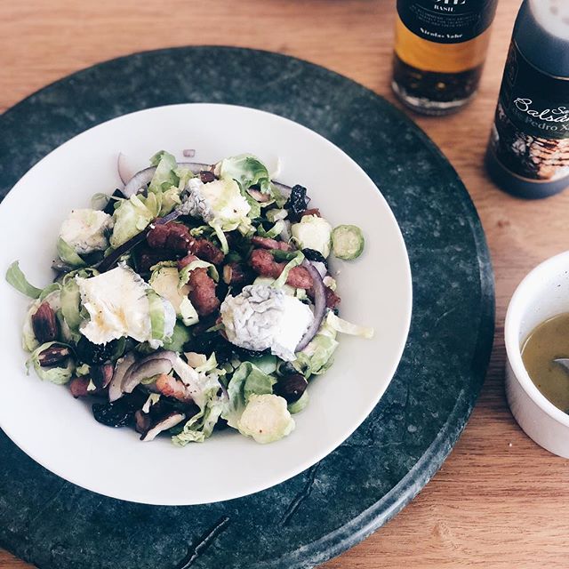 Summer salad of choice - Brussels sprouts, pancetta, dried cherries, cooked almonds, goats cheese and citrus/honey dressing  #food #foodie #foods #salad