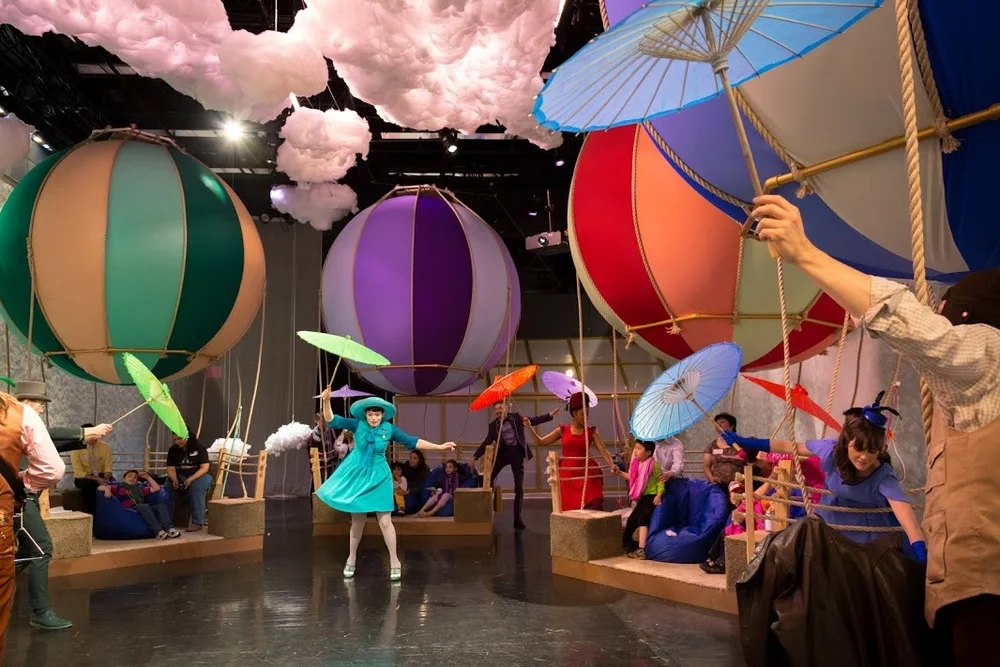 Up & Away by: Drew Petersen Presented by Trusty Sidekick Theater Company at Lincoln Center Education's Clark Studio Theater, 2015 and remounted in 2018, Directors : Jonathan Shmidt-Chapman and Leigh Walters, Scenic Designer : Nick Benacerraf, Costume Designer : Natalie Loveland, Lighting/Projection Designer : Simon Harding, Projection Animation Designer : Zack Ramadan, Puppet Designer : Spencer Lott, Composer/Sound Designer : Chris Gabriel, Photographer : Alexis Buatti-Ramos