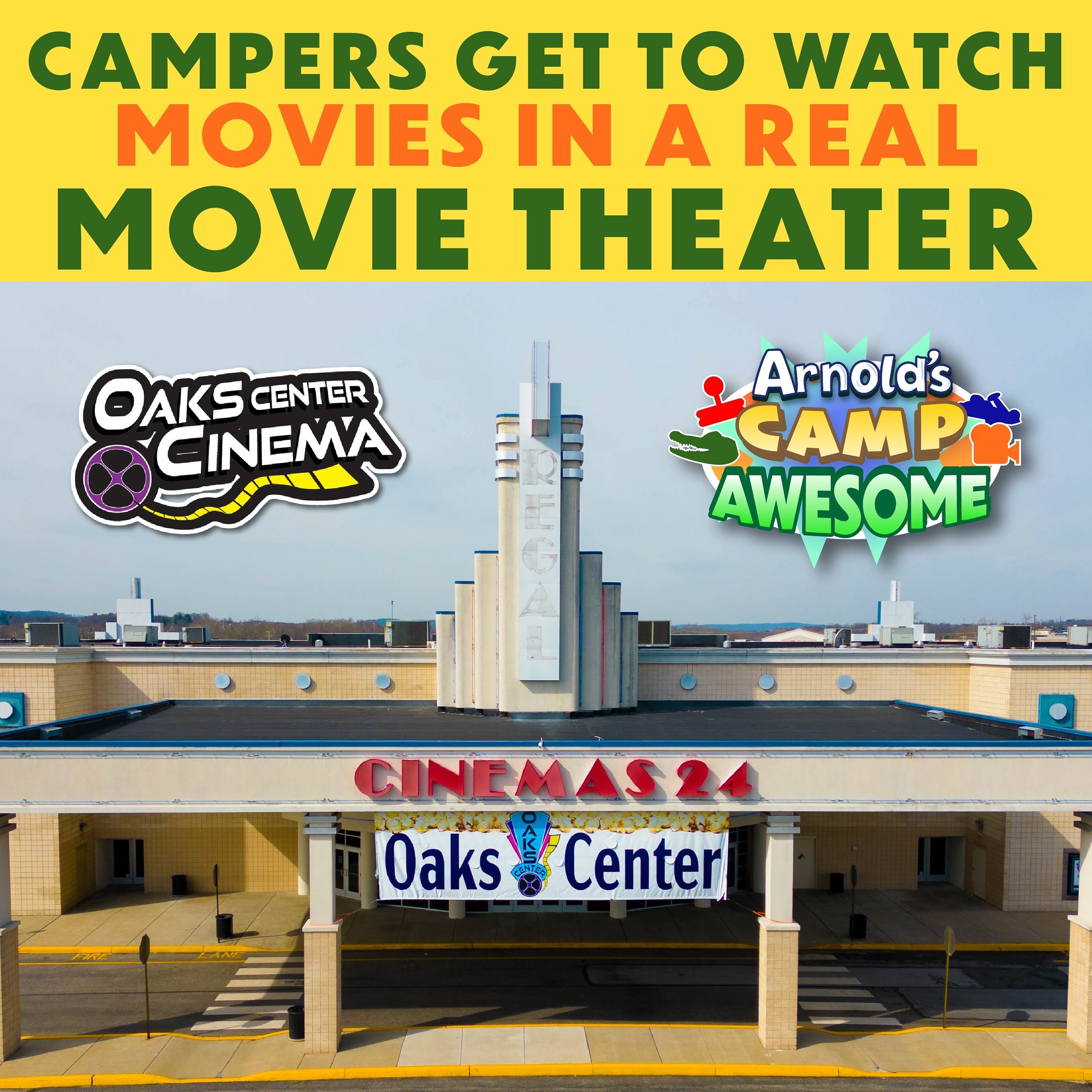 🍿&ldquo;Movie day&rdquo; at camp is usually just a tv on wheels&hellip;. Not at Arnold&rsquo;s Camp Awesome!

Campers will get to watch movies the proper way! In a REAL movie theater with trips to @oakscentercinema 
Register your camper today at Arn