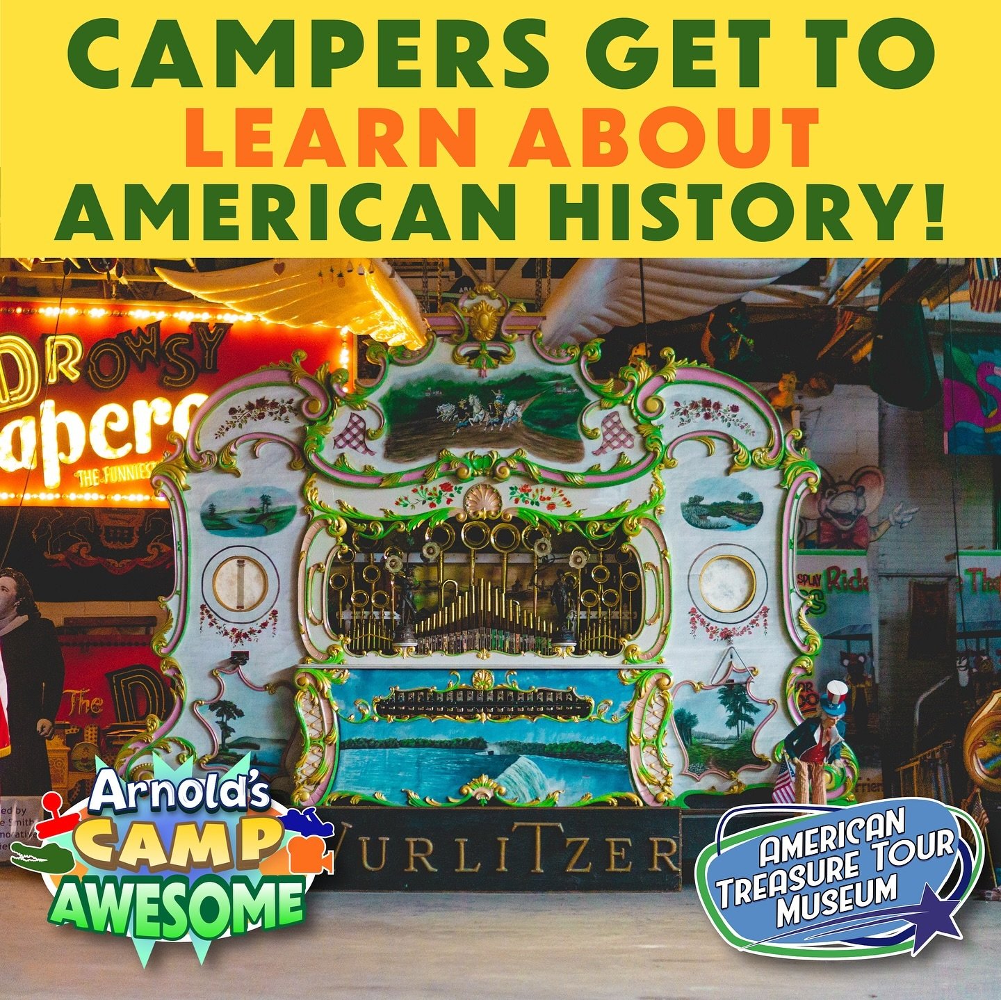 ⛺️Campers at Arnolds Camp Awesome @americantreasuretour get to experience trips to the 🇺🇸 American Treasure Tour Museum 🇺🇸 for a unique educational experience!

🤪This fun &amp; eclectic museum is a one of a kind experience featuring curios such 