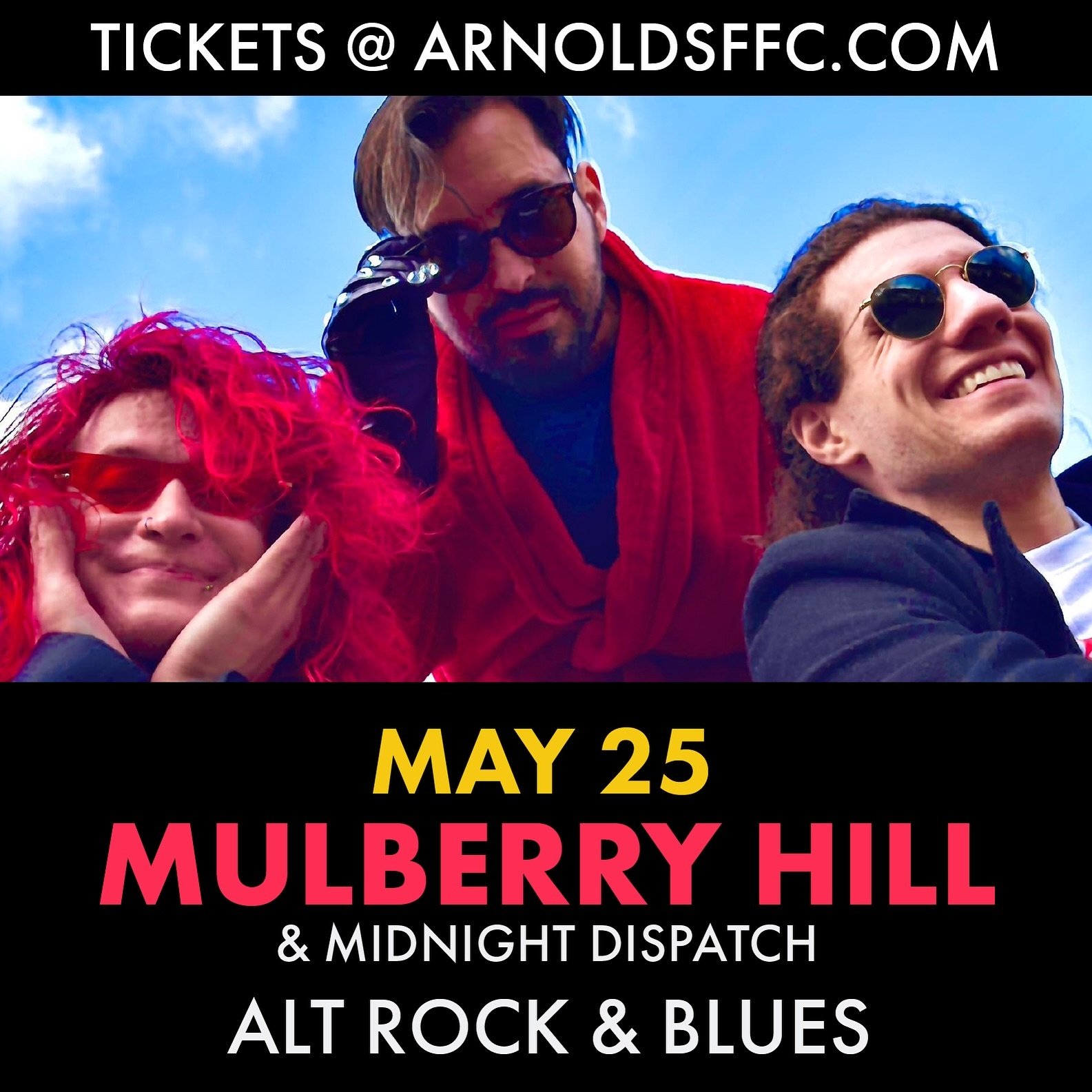 @therealmulberryhill Mulberry Hill, an indie alt rock band with a signature GarageBand sound, is making their first debut at the Water Tower on May 25th! 🎟️Get tickets at ArnoldsFFC.com! Come on down and rock out and hear some killer originals such 