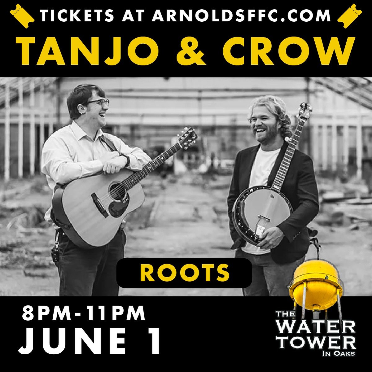 @tanjoandcrow are bringing Roots music to the Water Tower! 🎟️Get tickets at ArnoldsFFC.com 

The Tanjo &amp; Crow is a no-holds-barred exploration of roots music through eclectic songwriting, Appalachian arrangements, and seemingly fearless improvis