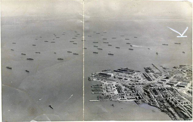 Aerial View of War Ship construction during war time. 1942