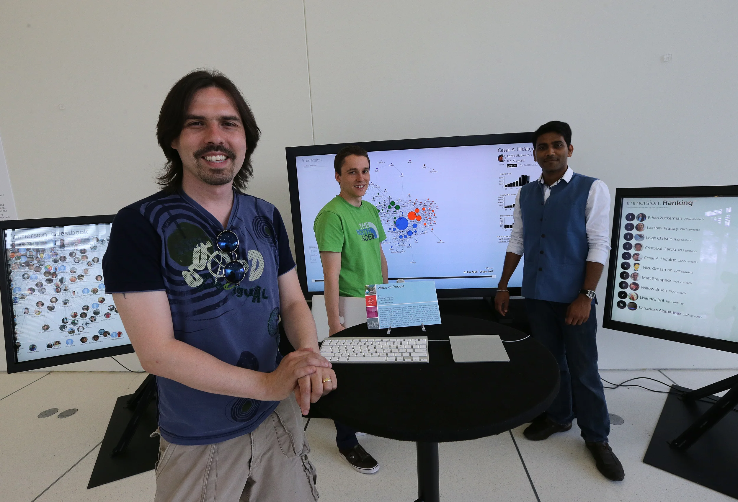 César Hidalgo (left) with Daniel Smilkov and Deepak Jagdish at the MIT Media Lab.