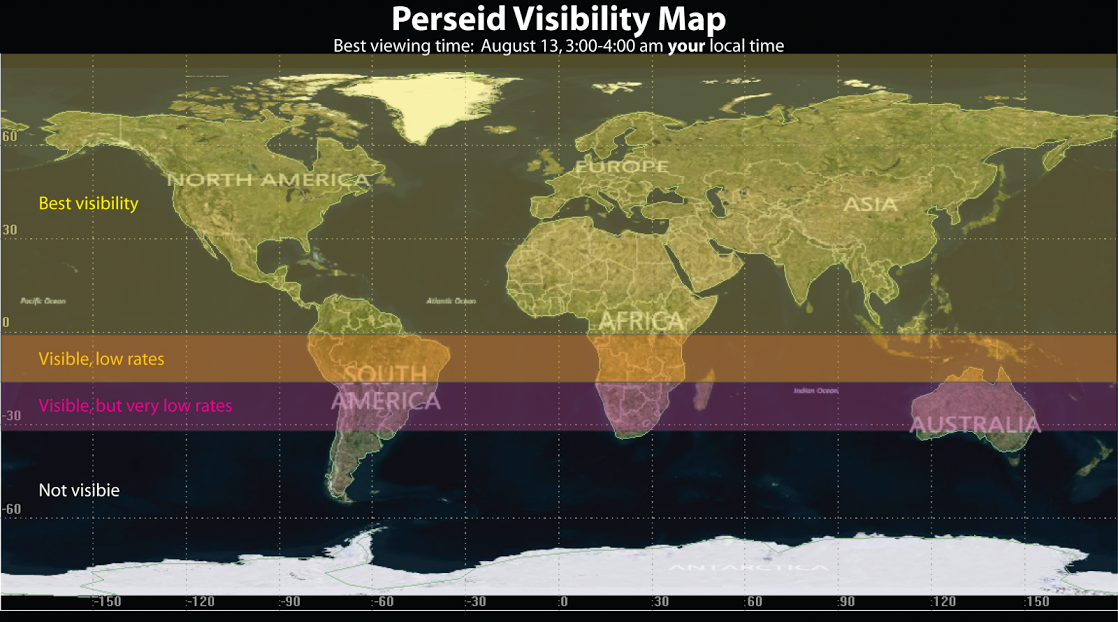 The map shows global viewing for the Perseids.&nbsp;NASA