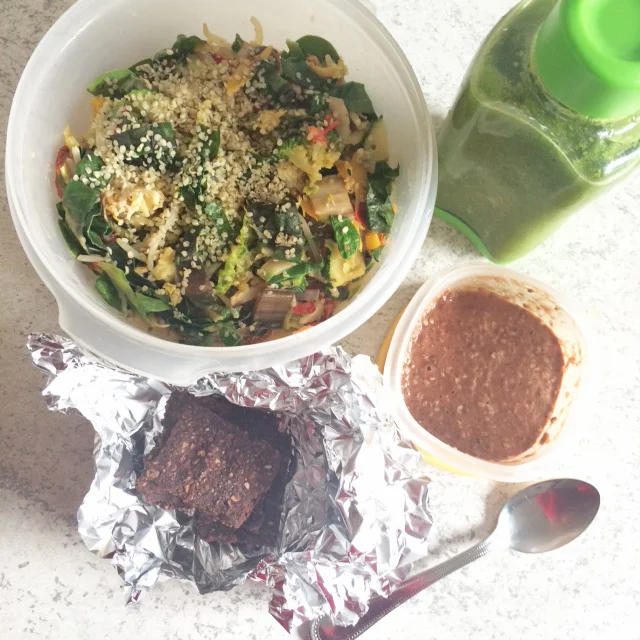 This was a quick photo taken on my phone of my food prep when eating out on the road on day. This carried me through from waking up through to 8:00pm when I had another veggie meal (a smaller version the stir fry bowl in the pic). The veggies were served up with a peanutty sauce and hemp seeds, the pudding pot is cacao, hemp and chia seeds with a cinnamon and stevia, and the crackers are my seedy crackers with added cacao and stevia for a dark choccy variation. The green smoothie is as linked above. Being prepared is the key to the game- these meals were different to my average day detailed above but embody similar principles.